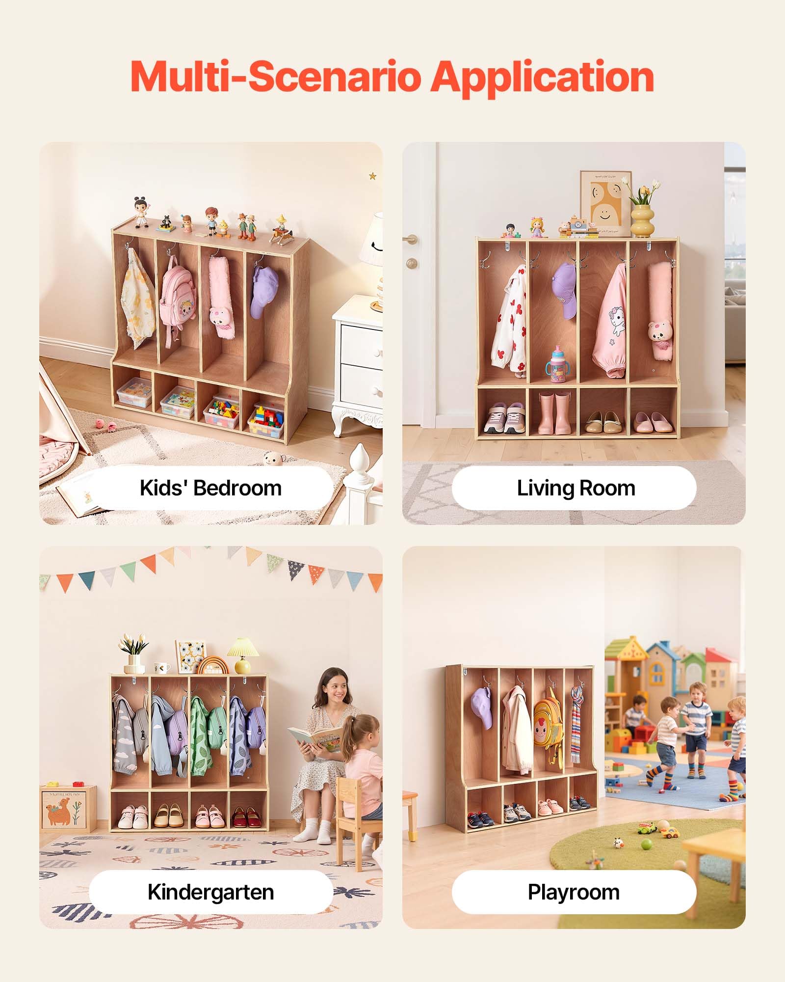 VEVOR Vestiaire 4 Enfants Ouvert, Penderie pour Enfants en Bois, Rangement pour Crèche Maternelle Garderie Maison, Meuble d'accueil Scolaire avec Casiers à Manteaux et à Chaussures, 8 Crochets