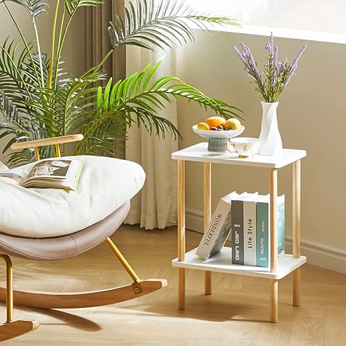 Miniatura 9 de IBUYKE Mesa auxiliar de 3 niveles, mesa auxiliar alta de madera maciza con estantes de almacenamiento, mesita de noche para sala de estar,
