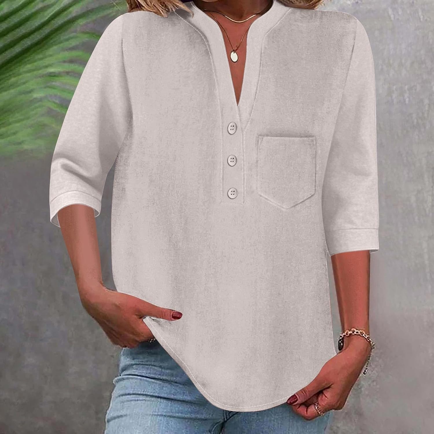 3/4 Sleeve Tops for Women Loose Fit V Neck Button Down Henley Shirts Cute Solid Summer Beach Chest Pocket Shirt