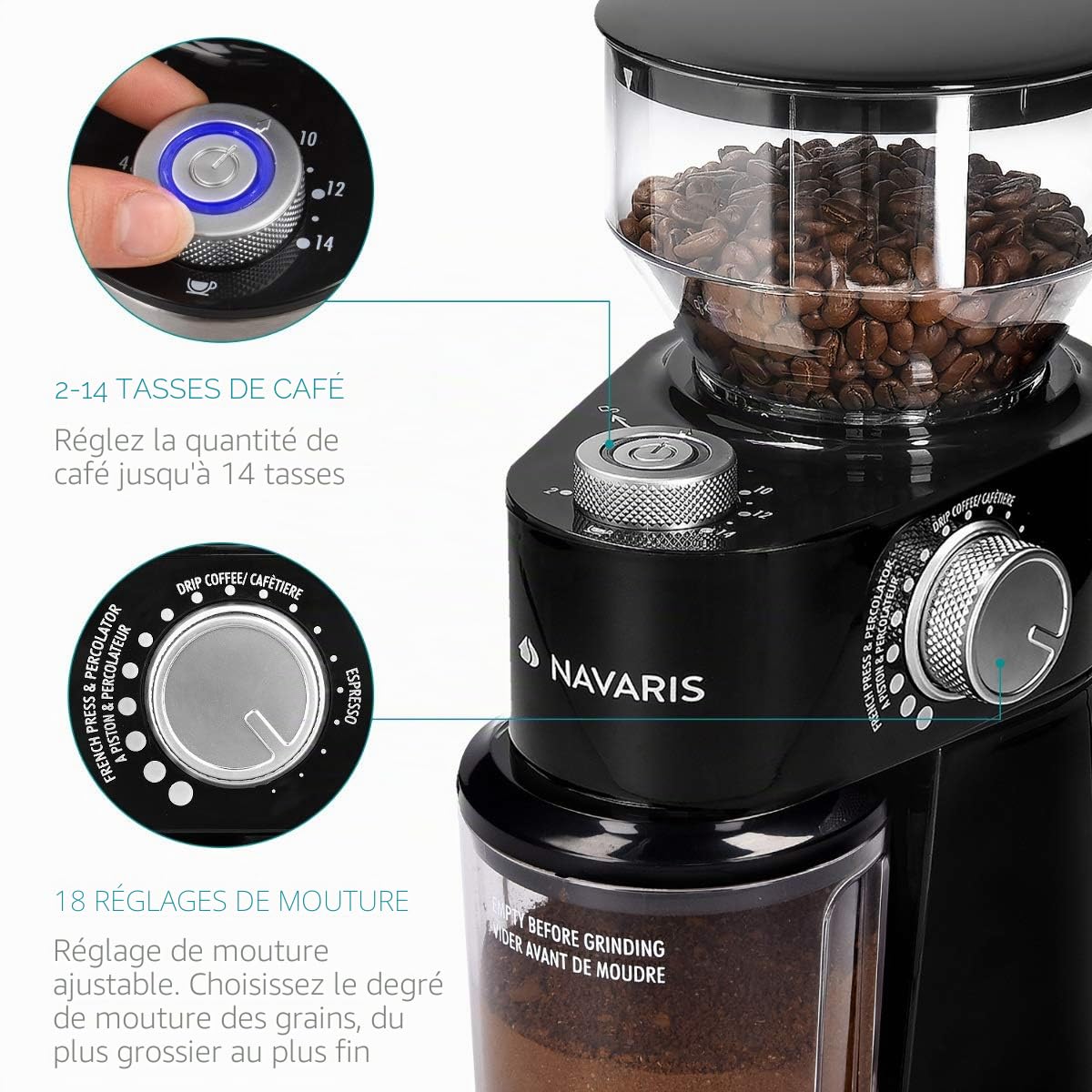 Navaris Moulin à café électrique - Broyeur de café avec meule plate pour 2 à 14 tasses - Grinder avec différentes épaisseurs de mouture