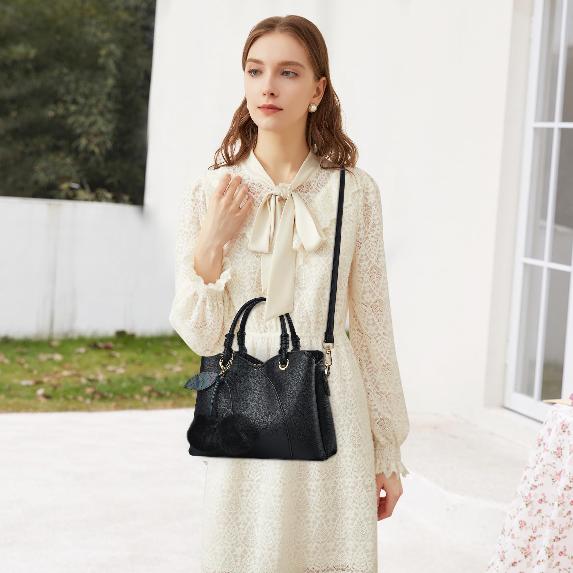 Donna Elegante Borsa a Mano con Pompon Pelle PU Borsa a Tracolla Tasche Multiple Signora per Shopping Viaggio e Lavoro Nero