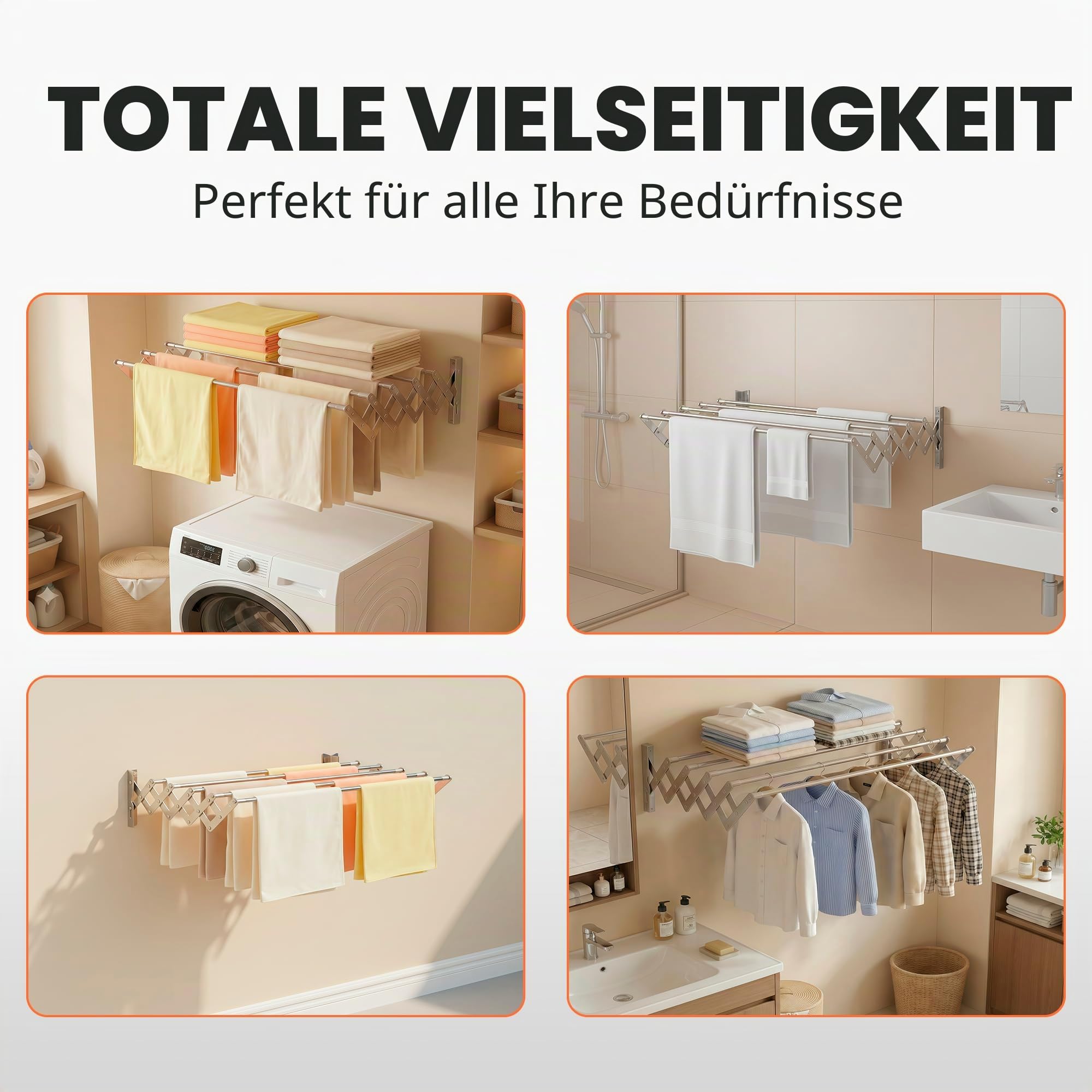 JUPPLIES Wand-Wäscheständer Ausziehbar 100 cm – Klappbarer Wäscheständer zur Wandmontage Innen & Außen – 5 Edelstahlstangen, Einfache Montage, Inklusive Wäscheklammern