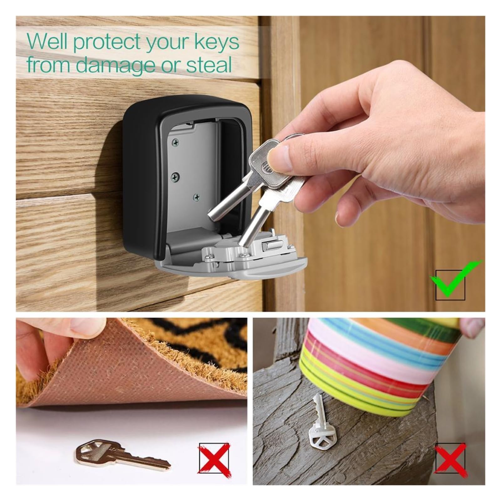 Caja de seguridad para llaves al aire libre, montaje en pared, con bloqueo de contraseña, color gris/negro, caja fuerte para el hogar, jardín o garaje, solución de almacenamiento fiable de llaves
