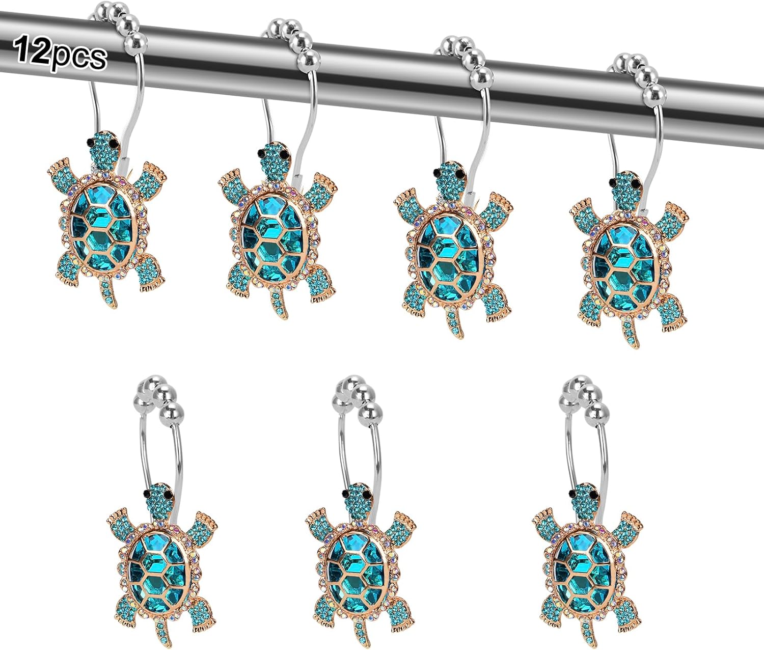 Sapphire Sea Turtle Decorative Shower Curtain Hooks Set,12 PCS,Roller Ball, Stainless Steel,Cute Ocean Animal Decor, Beach Shower Rings,Rustproof,Bathroom, Blue & Golden & Rhinestone