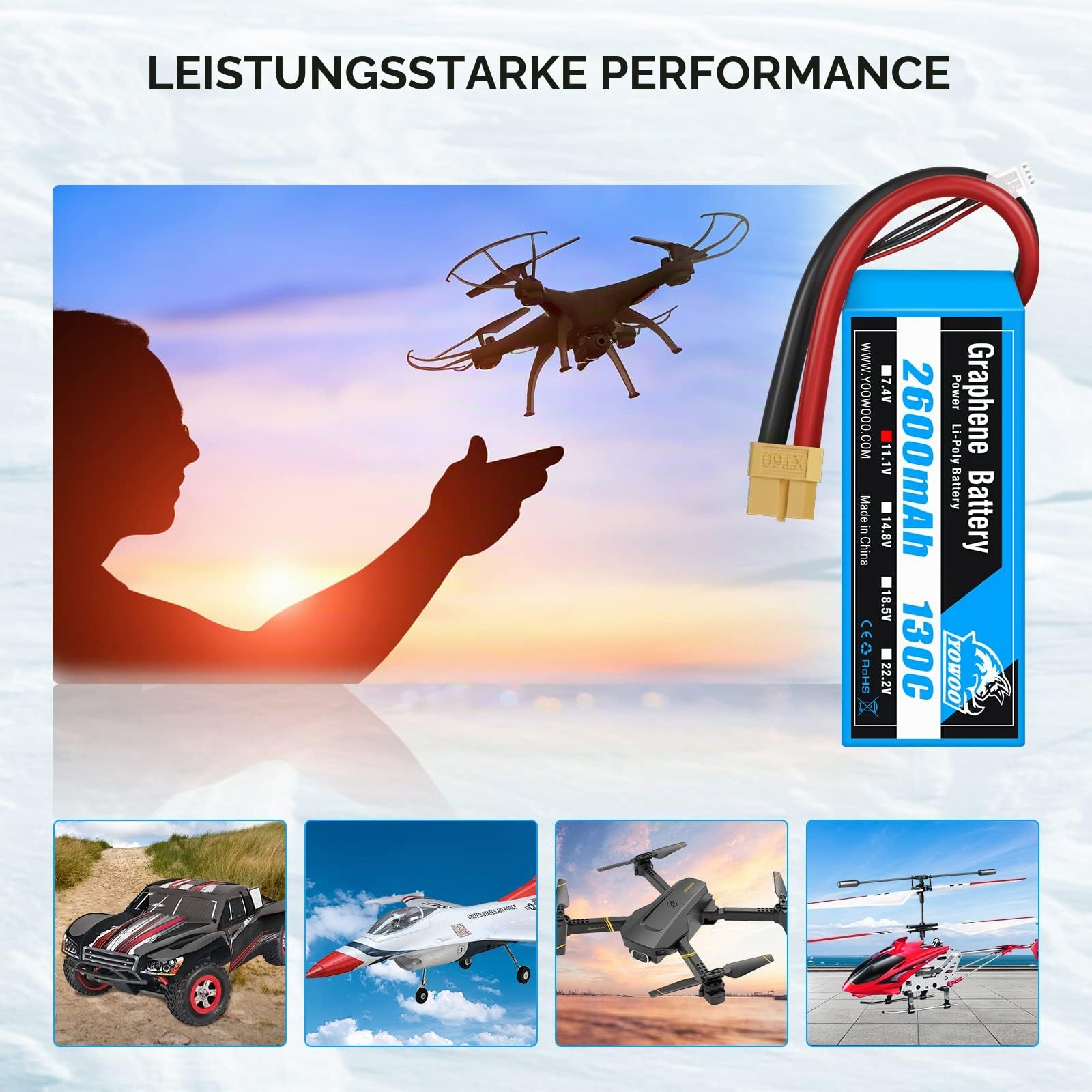Yowoo 3S Lipo Akku 2600mAh 11.1V 130C Graphen Batterie mit XT60 Anschluss für E-flite Valiant Parkzone E4F Wildcat Große Flugzeuge E-Cub RC Auto Boot LKW Heli Flugzeug (2 Pack)