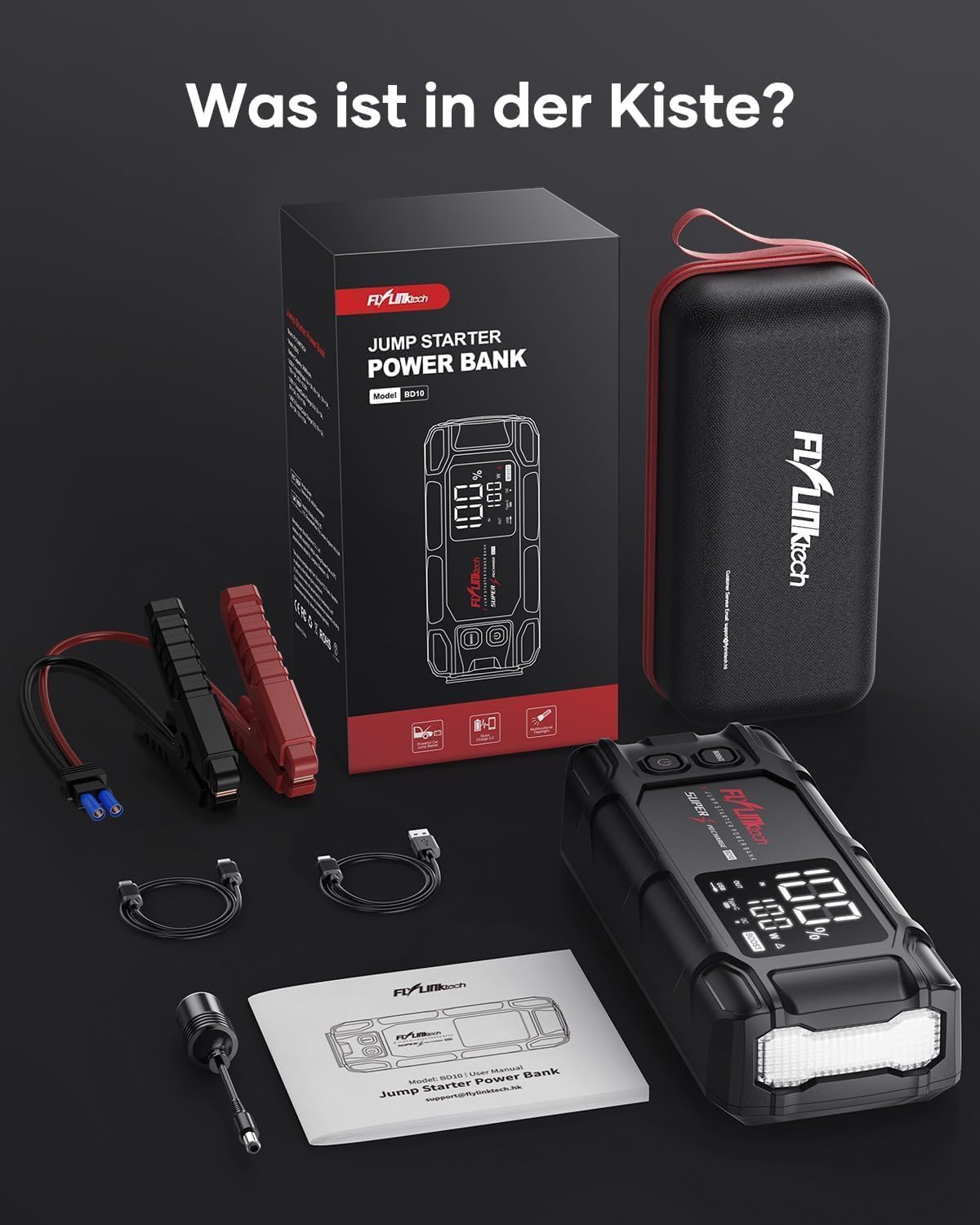 FLYLINKTECH 8000A Auto Starthilfe Powerbank für Pkw für 12V Fahrzeuge | 26800mAh/99.16Wh Starter Powerbank, PD65W USB-C In/Out Schnellladung, 15V/10A DC Ausgang, 3-Modi LED-Licht, LCD-Display