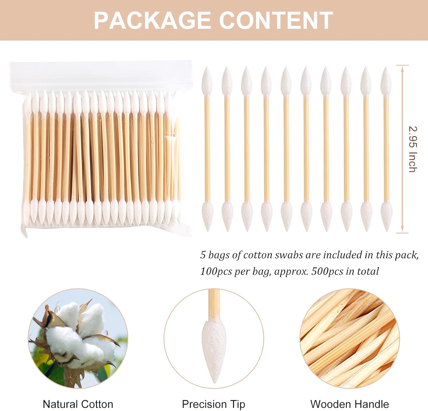 SUTOKAKA 500Pcs Double Side Pointed Cotton Swabs Precision Tip Wood Cotton Buds Makeup Cosmetic Eyebrow Tattoo Gun Cleaning Swab Nail Removing Applicator