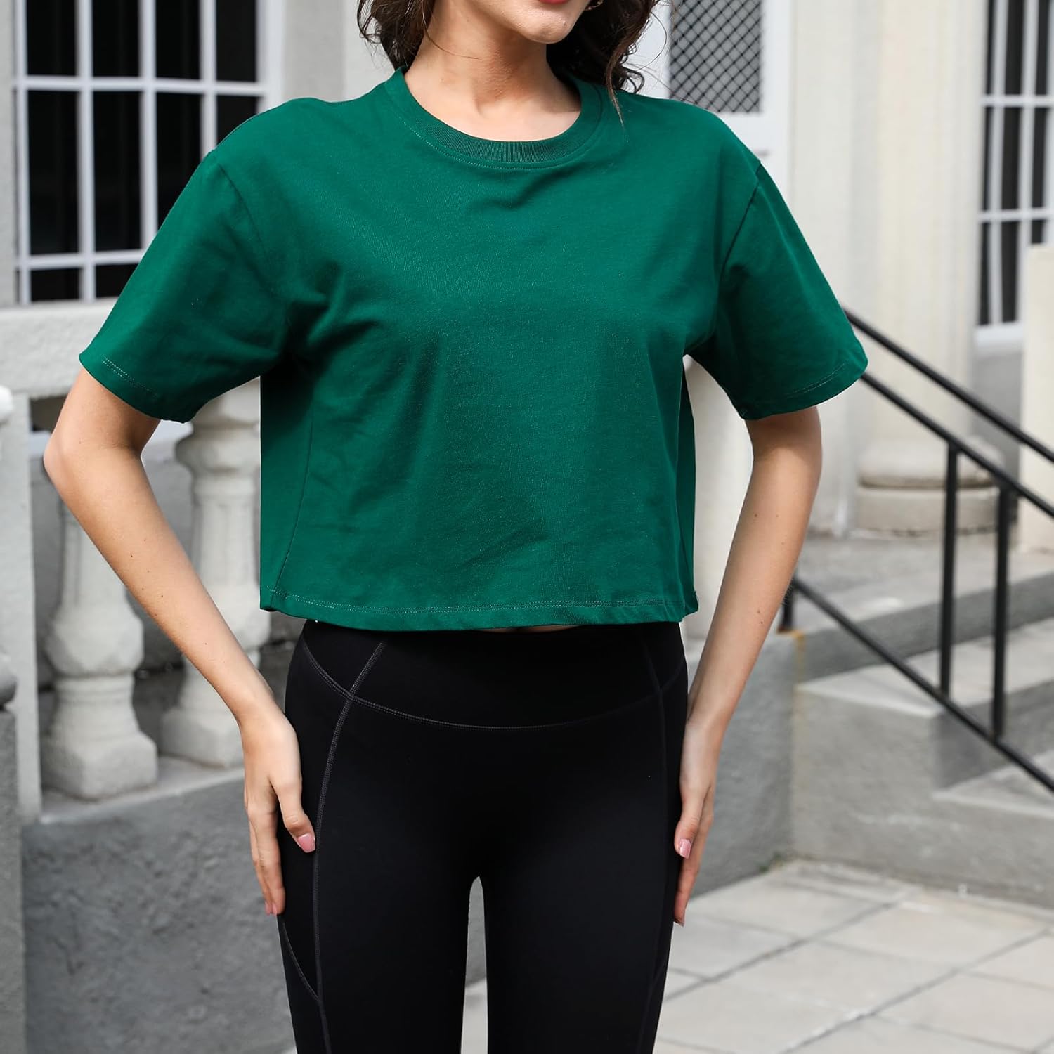 Women Workout Crop Top T-Shirt 100% Cotton Drop Shoulder Half Sleeve Oversized Yoga Running Cropped Loose Tee - Image 9