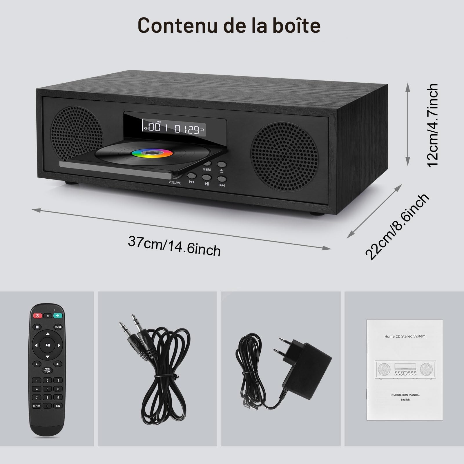 Chaîne HiFi Stéréo CD, Micro Chaîne Hi-FI Bluetooth Radio FM, Entrée Auxiliaire 3.5mm, Lecture USB, Prise Casque Arrière, Mini Chaîne Hi-FI 2x20W, Systèmes Stéréo, Lecteur CD MP3 avec Sortie Audio