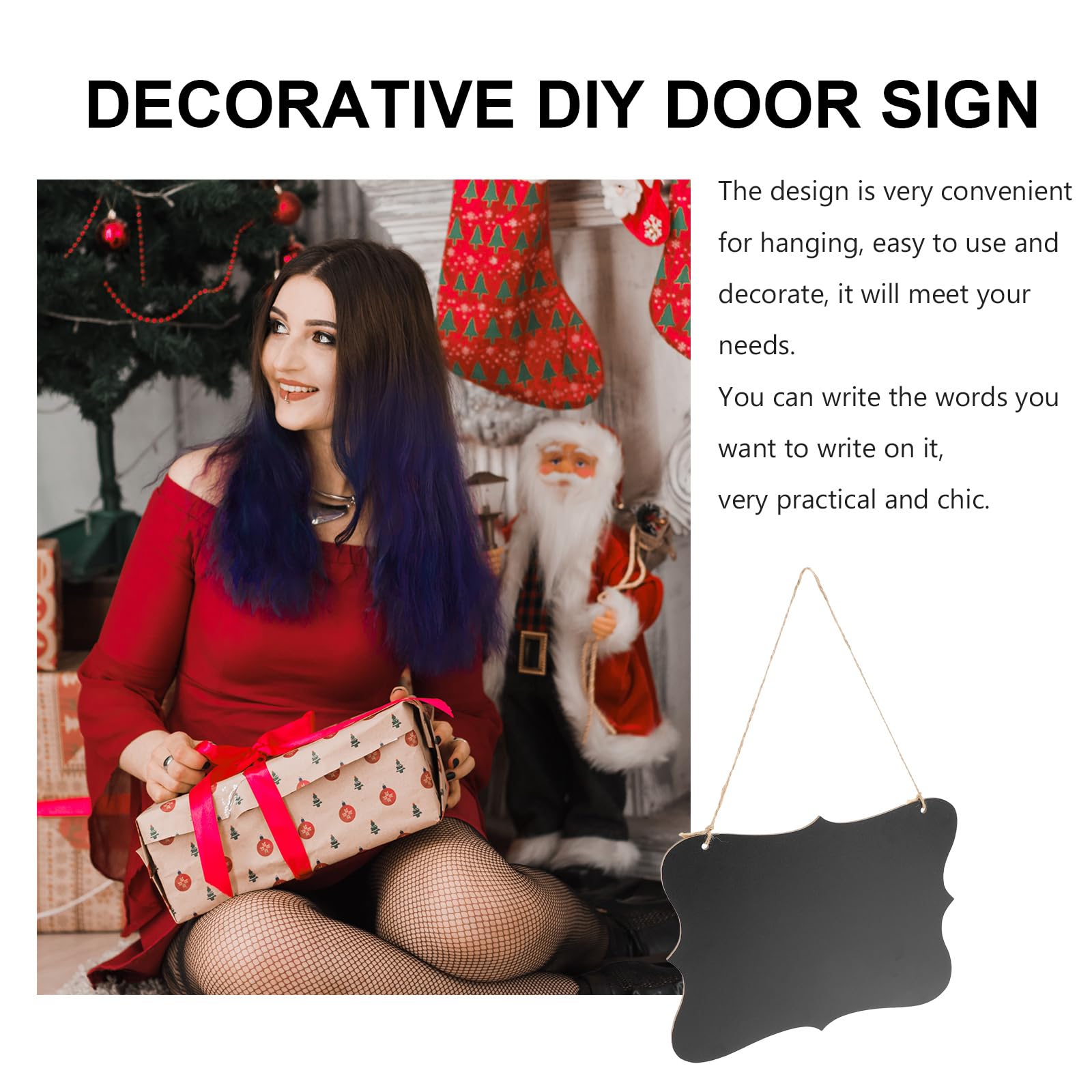 Amosfun 2Pcs Hanging Small Wooden Blackboard Signs Double-Sided Chalkboard Pendant 9X7 Inches for Home Message Display and Christmas Door Decoration - Image 2