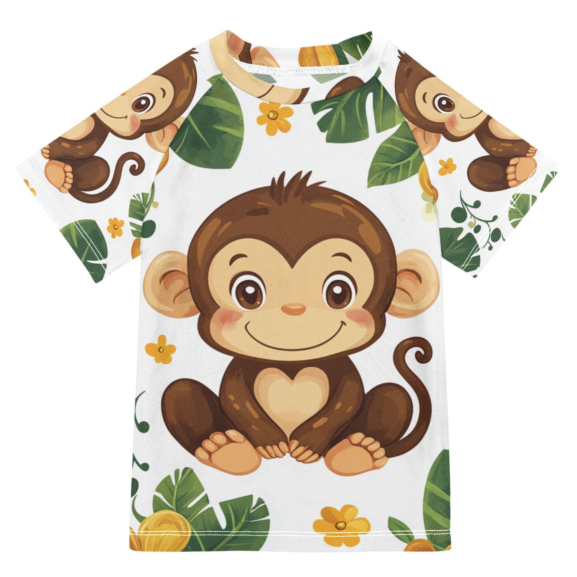 Cute Cartoon Monkey Bathing Suit Kids Short Sleeves Athletic Shirt Swimwear Beach Tops 3T