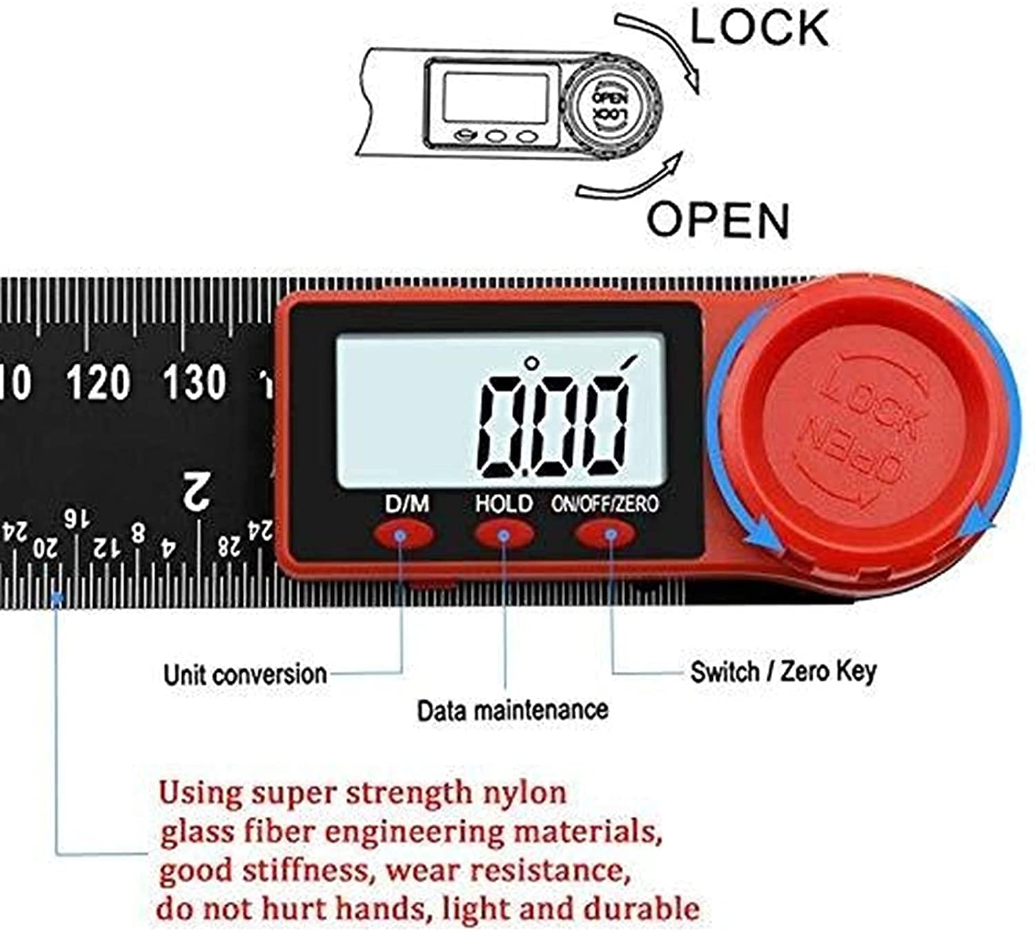 WJJ 200m Angle Righello Digital Display Angolo Goniometro Digital Display Card Nero Vernier Calibro Livello Righello