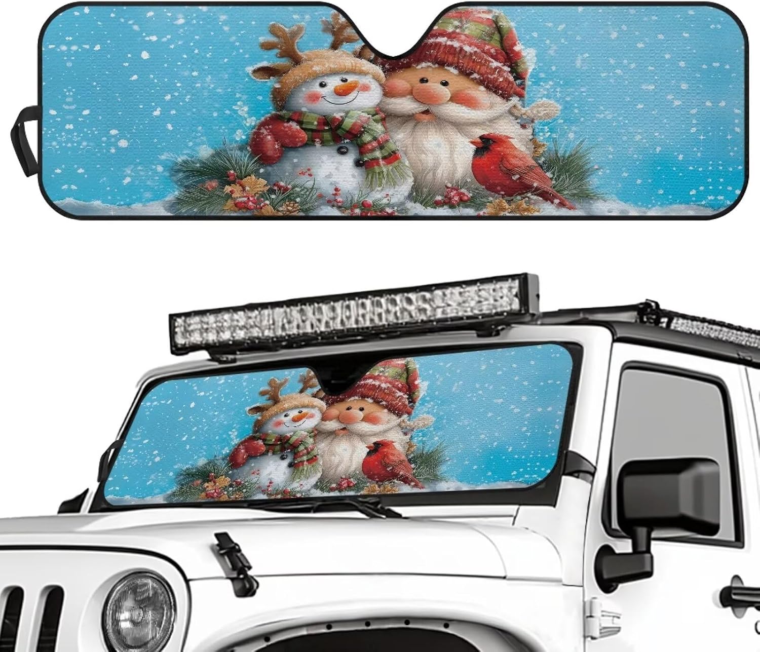 Tuoxiukan Christmas Foldable Sun Shade for Car Windshield for Jeep Wrangler JL 2-Door 2018-2025 Patriotic Car Windshield Sun Shade Auto Interior Protector Keep Vehicle Cool, Santa Claus Snowman
