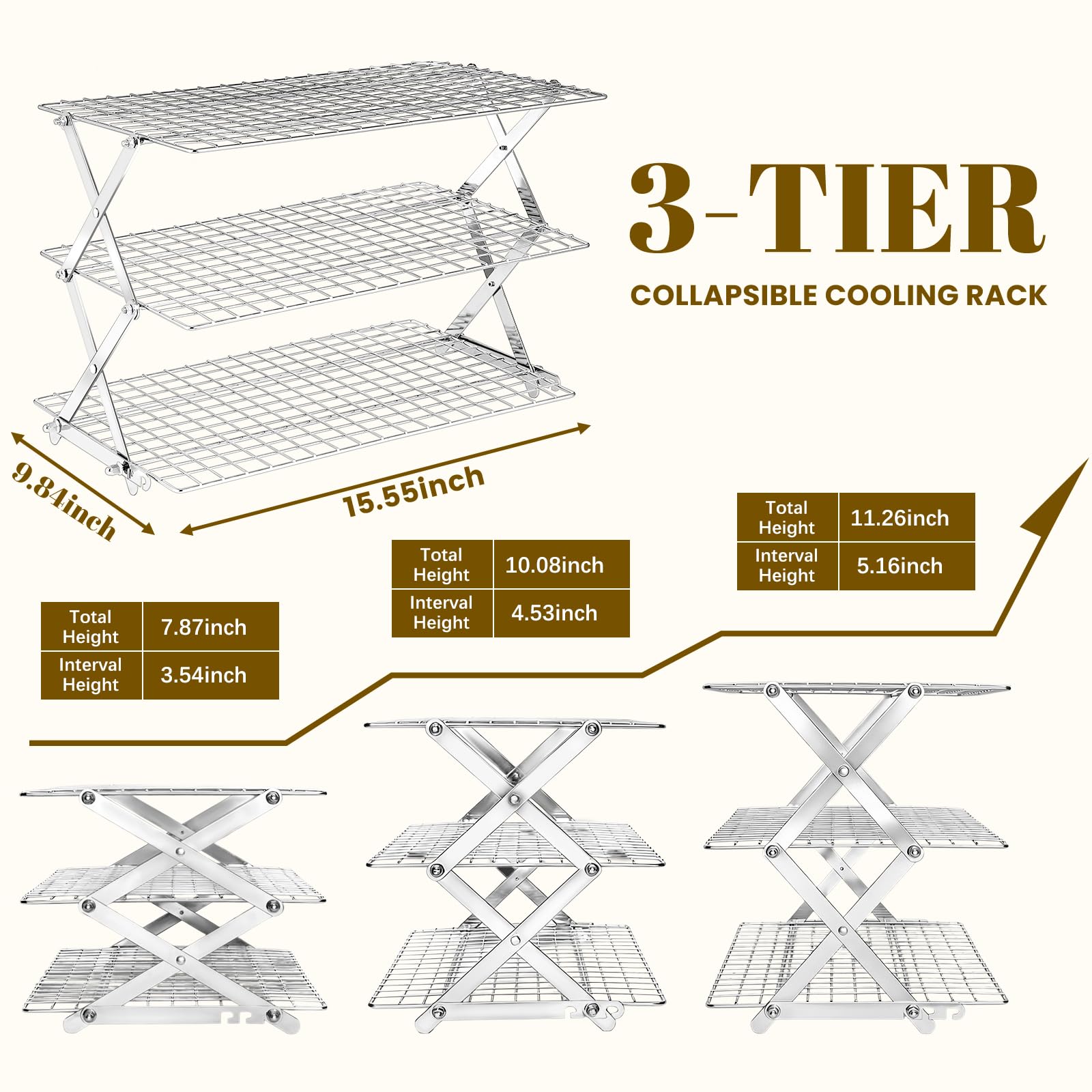 Bestdin Grille de refroidissement pliable à 3 niveaux – Grille de cuisson réglable en acier inoxydable avec design en forme de X et surface en maille anti-fuite, poli miroir et passe au lave-vaisselle
