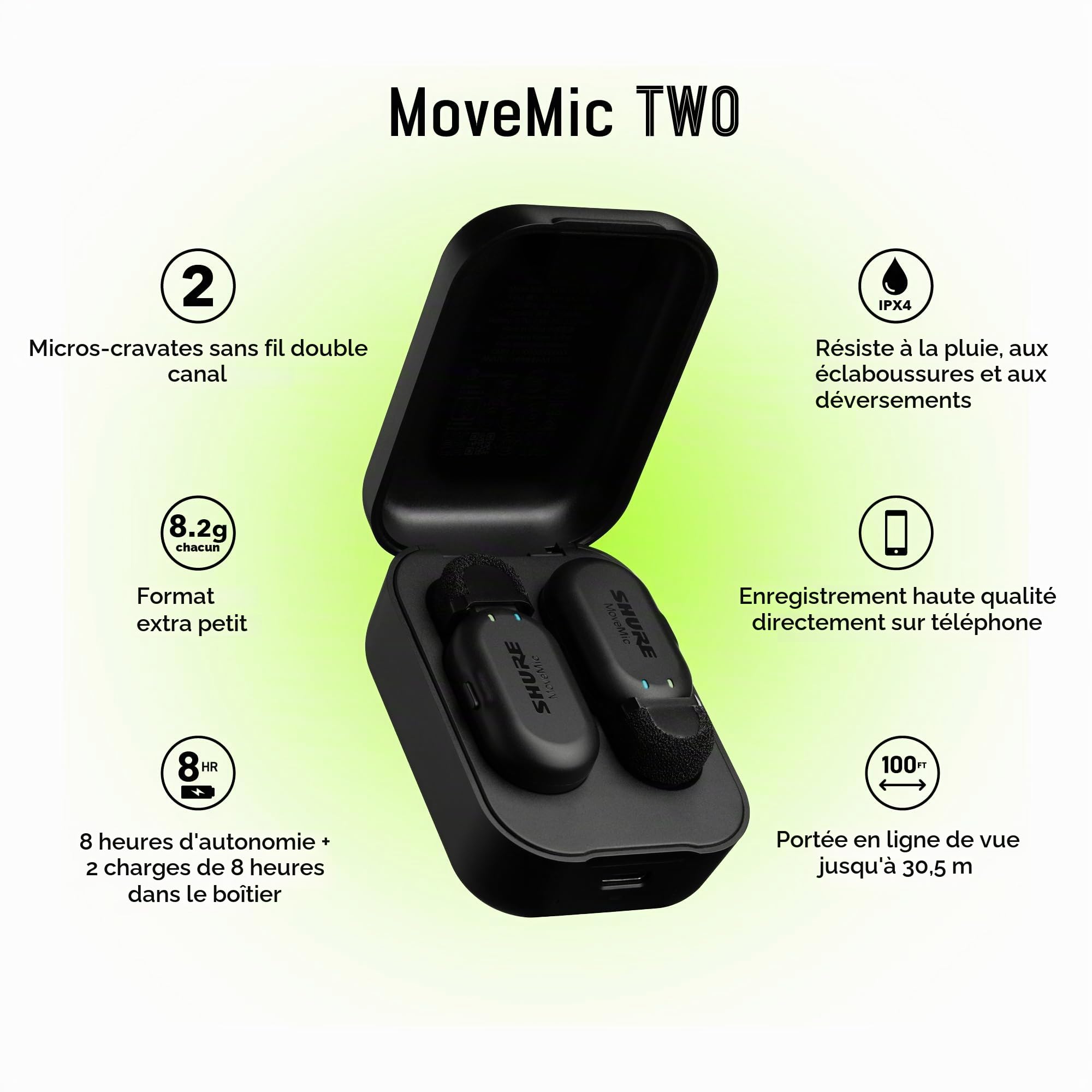 Shure MoveMic Two-Pro Direct to Phone Microphone Lavalier sans fil pour iPhone et Android, Bluetooth Mini Mic, 24 heures de charge, configuration rapide, IPX4, compact et portable Clip Lav (MV-TWO-Z6)