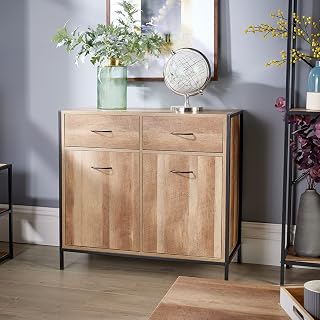 Home Source Compact Sideboard Chest Cupboard Storage Unit Modern Finish with Drawers, Weathered Oak, Large