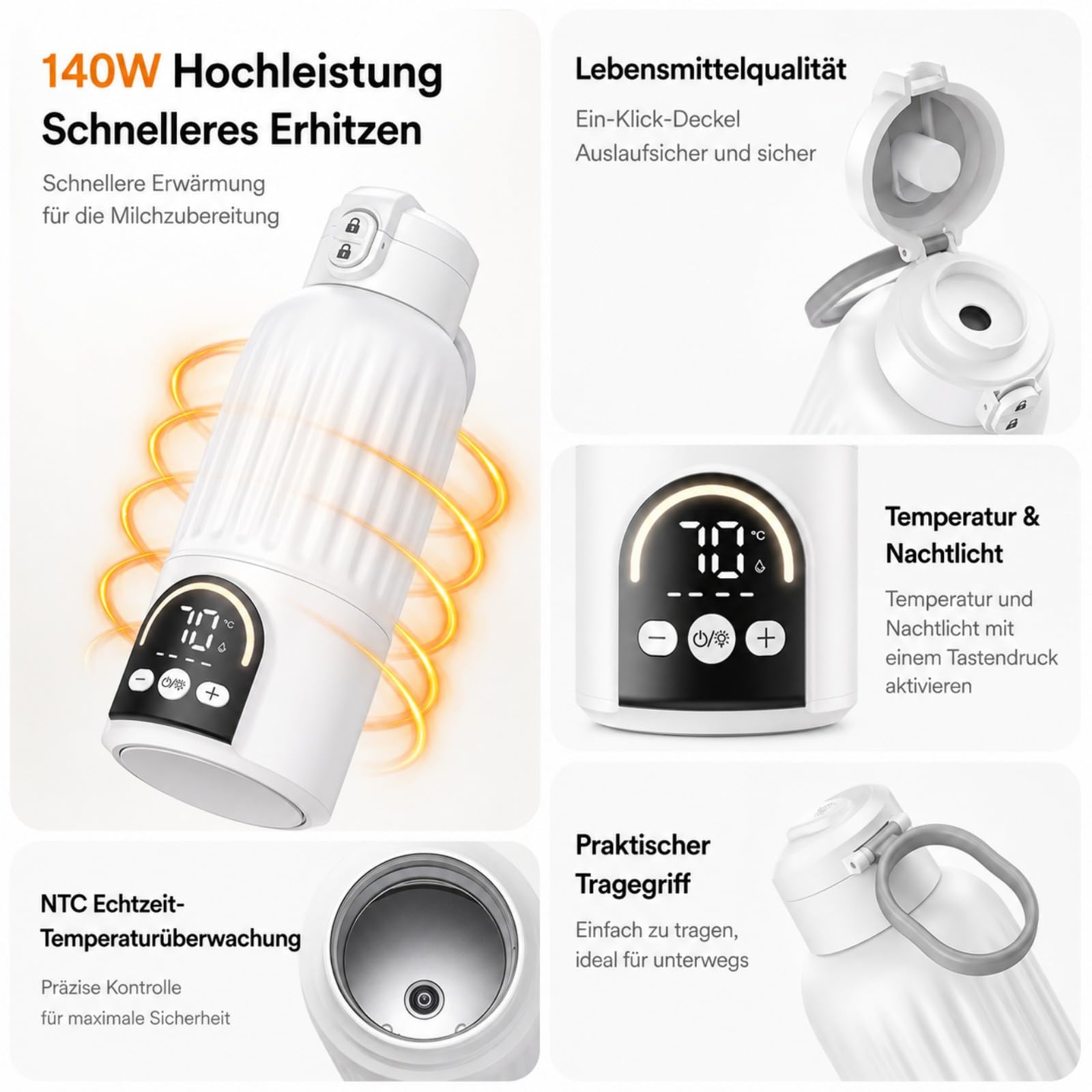 Tragbarer Flaschenwärmer Baby für unterwegs, 500 ml Flaschenwärmer mit 12000 mAh Akku, 140 W Schnellaufheizung, 316 Edelstahl, 11 Temperaturstufen, für Muttermilch und Wasser, Weiß