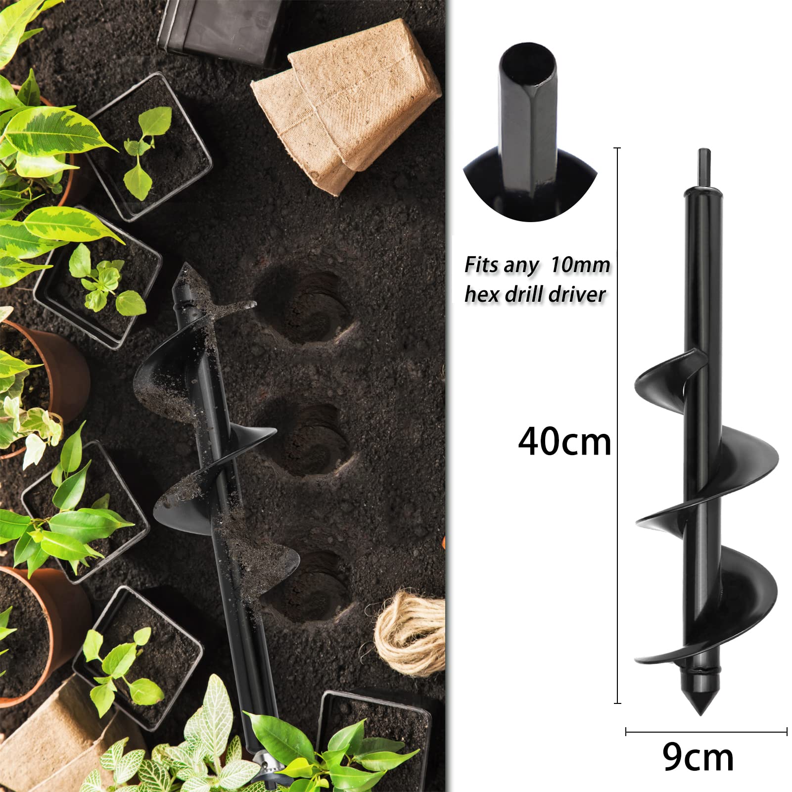 Gartenbohrer Erdbohrer für Bohrmaschine,Pflanzbohrer für Akkuschrauber,Grabungswerkzeug zum Pflanzen,Schwerlast Blume Pflanzgefäße Schnecke zum Löcher graben,Solider Spiralbohrer 9x40cm,4x42cm
