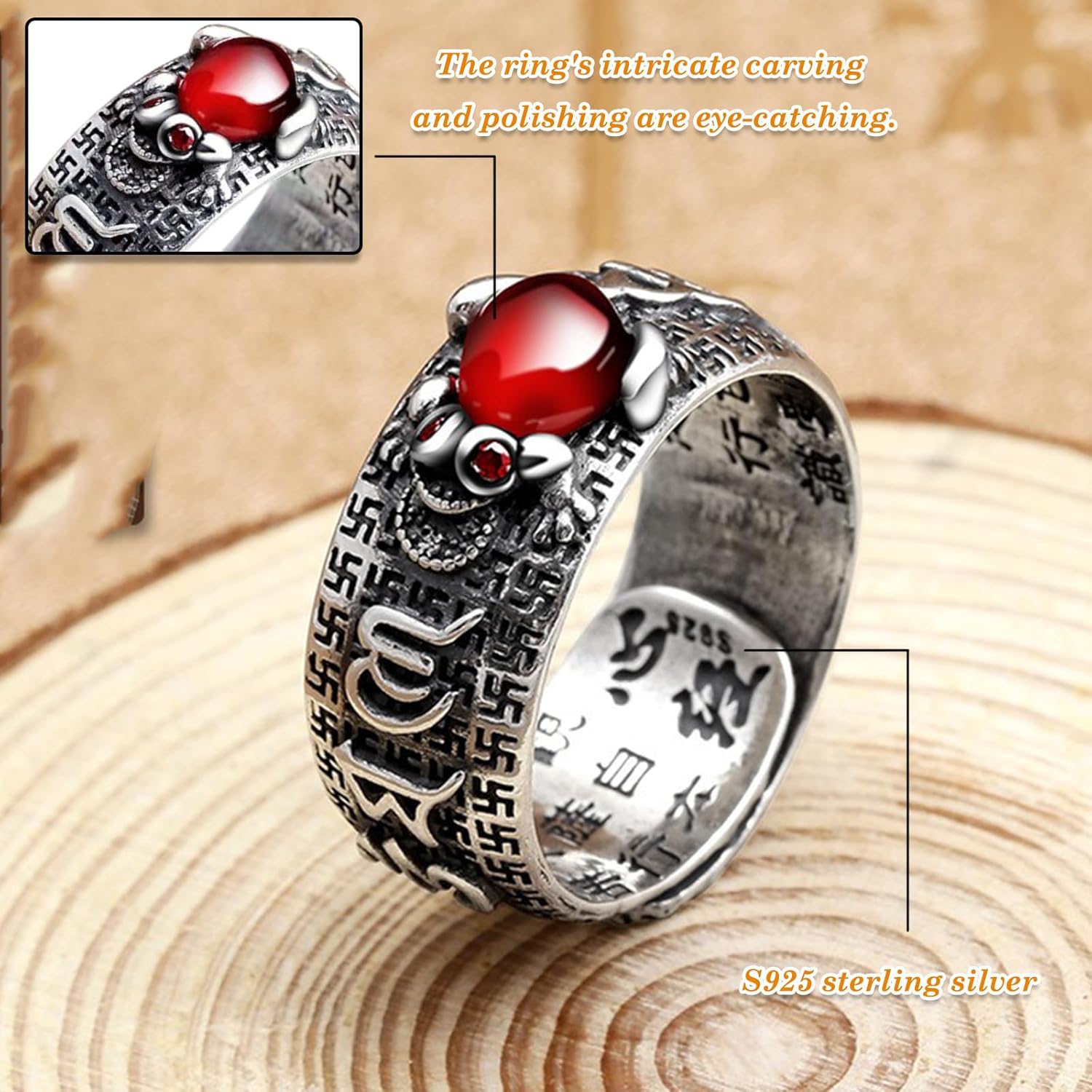 Feng Shui Ring, Golden Toad Ring, S925 Sterling Silver Engraved Relief Six-word Mantra Rings Protection Heart Sutra Amulet Wealth Lucky Love Jewelry, Adjustable Rings for Men Women