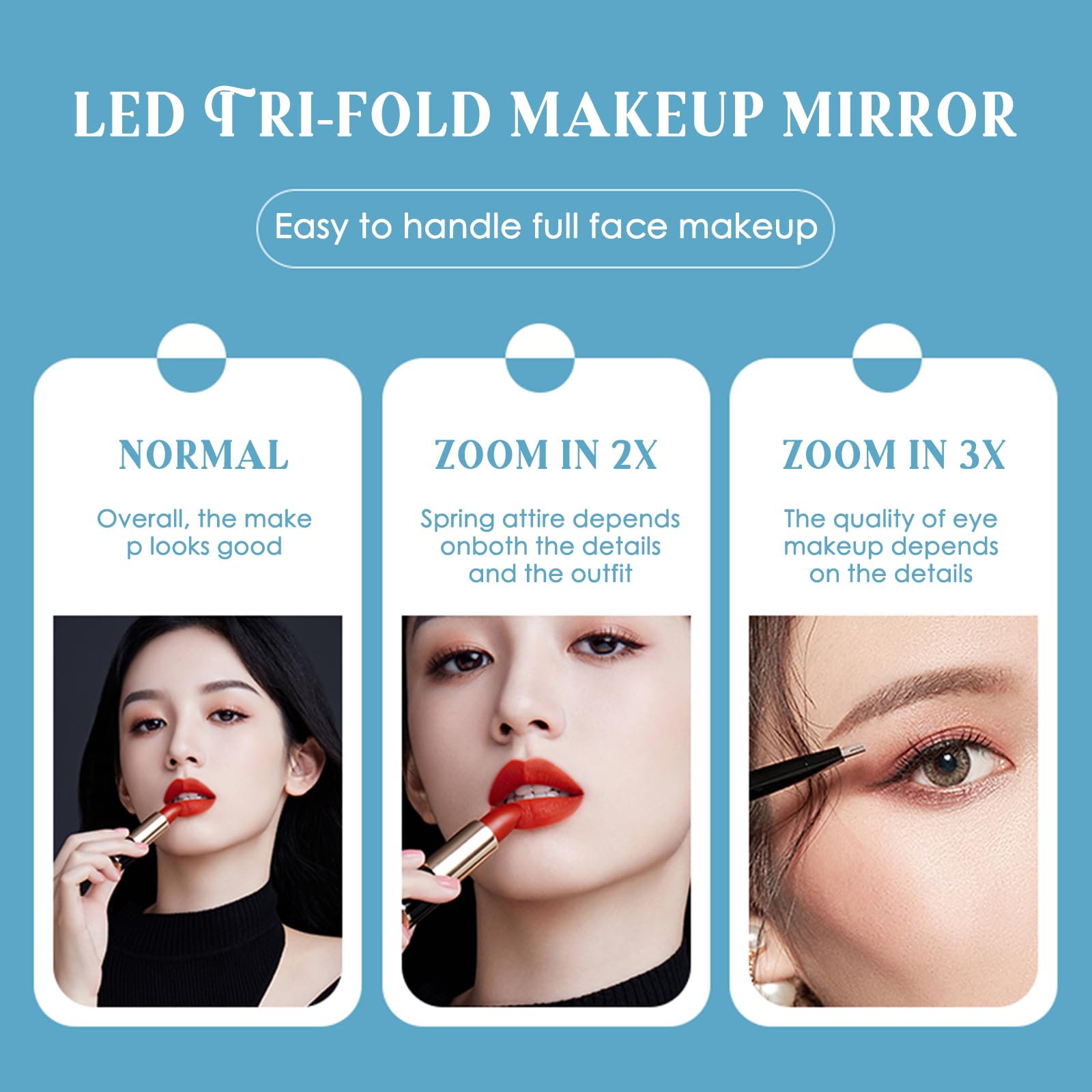 Miroir Maquillage Lumineux, Miroir de Maquillage LED à Trois Volets + Grossissement 2X + 3X, 3 Températures de Couleur Réglables, Base Amovible avec Batterie Rechargeable 1200mAh