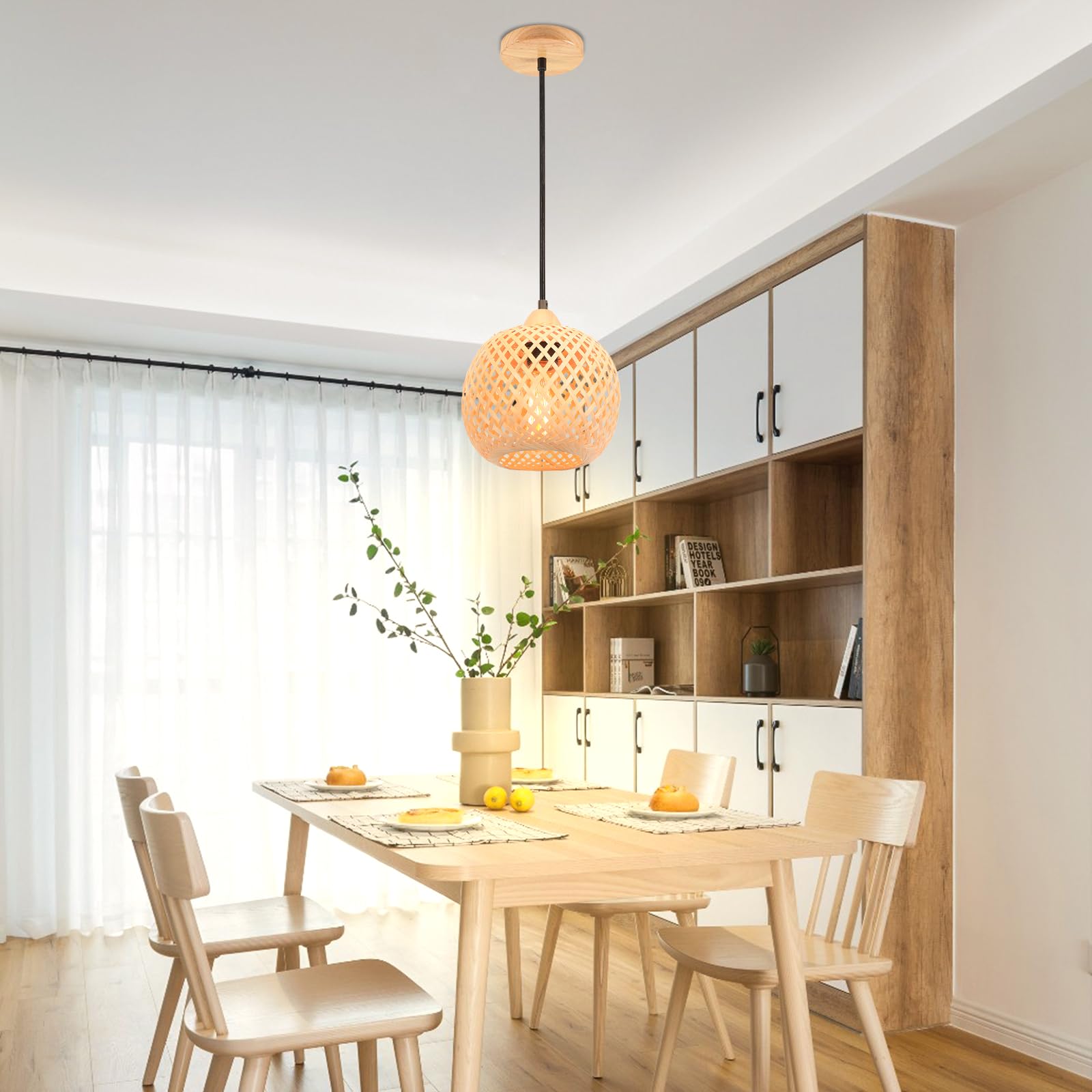 2 Stück Pendelleuchte Bambus Weben Kronleuchter Rattan Boho Style Bambus Lampenschirm Vintage Deckenlampe Dekoration Deckenleuchte für Restaurant, Wohnzimmer, Küche, Café