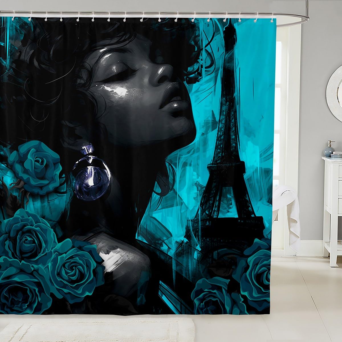 Black Girls Bathroom Curtain,Africa American Shower Curtain,Romantic Rose and Paris Eiffel Tower Waterproof Curtain for Kids Teens Women Room Decor,