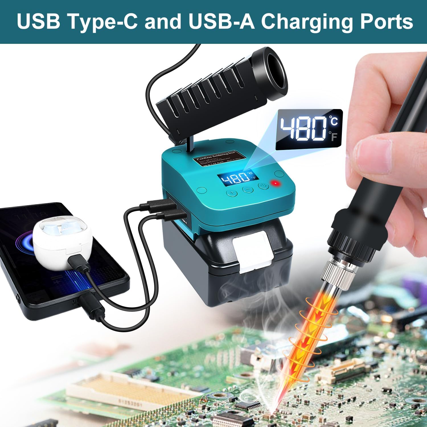 Cordless Soldering Iron for Makita 18V Battery,60W Portable Electric Soldering Station With USB &Type C, Adjustable Solder Iron Kit Tool for DIY,Appliance Repair,Wire Welding(NO Battery)