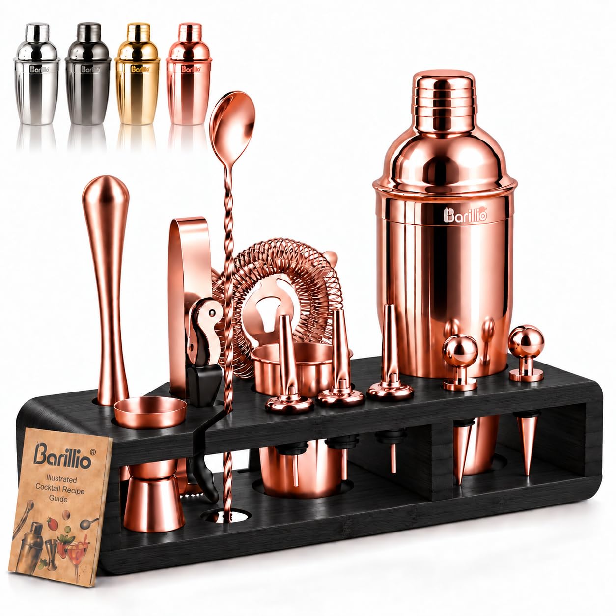 Barillio Rose Gold Bartender Kit - Stainless-Steel Cocktail Shaker Set w/Black Bamboo Stand - Mixology Bar Tools w/Drink Shaker, Mixer, Muddler for Cocktails - Home Bar Accessories - 23-Pc Bar Set