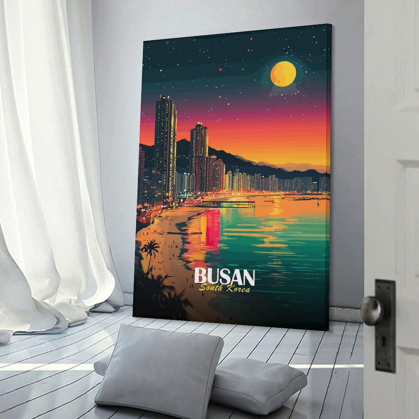 Junmoney Home Decor Wall Art Busan South Korea Night Cityscape, 20x30inch(50x75cm), for Workspace Walls, Study Corners Or Bedrooms, A Smart Decor Choice for Study Walls