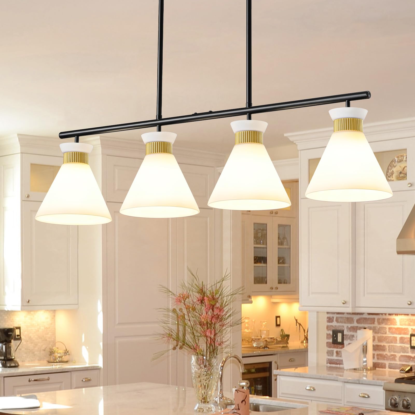 WOSHITU Kitchen Island Light Fixture - Black Gold Farmhouse Dining Room Lighting 4-Light with ...