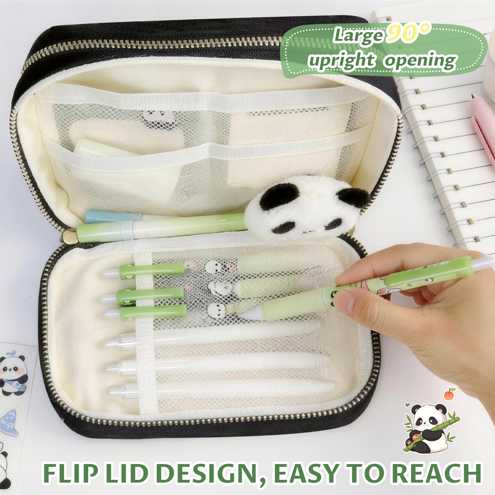 28 Pcs Trousse Panda Ensemble, Trois étages, Trousse Kawaii Panda | avec Surligneurs, Stylos gel, Règle, Ensemble de Fournitures Scolaires pour les Notes ou les Devoirs Quotidiens
