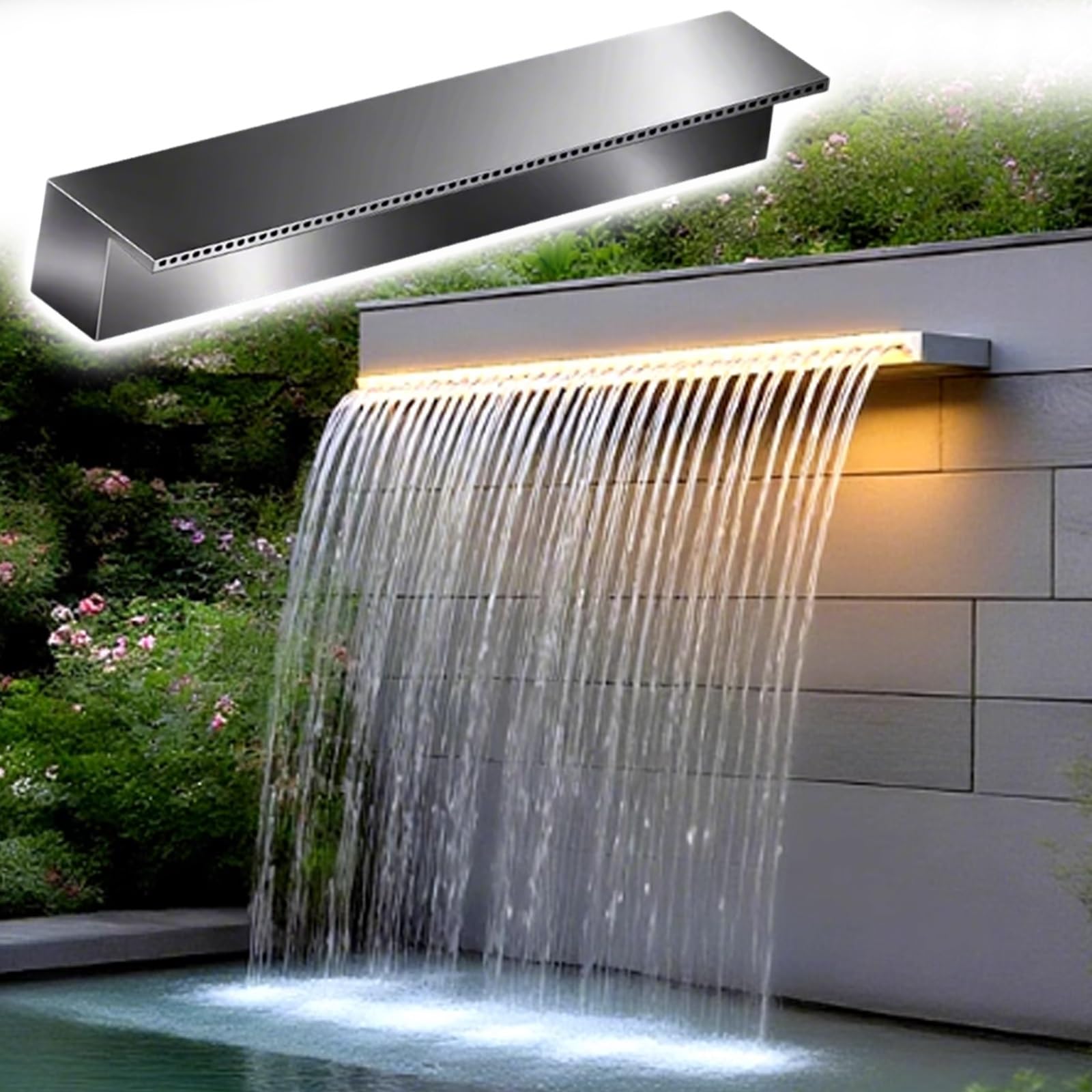 Fontana per piscina all'aperto in acciaio inox, 142,2 cm, 149,9 cm, 198,1 cm, cascata per giardino, resistente, attrezzatura per stagni e attrezzature per l'acqua (71 cm)
