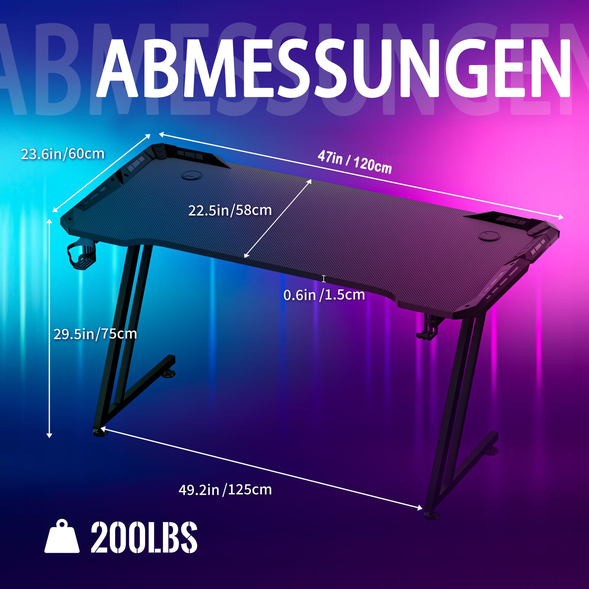 LED Computertisch mit Kohlefaser Beschichtung, Z-Frame Gaming Schreibtisch, Esport Ergonomischer Tisch mit Kopfhörerhaken Getränkehalter, Schreibtisch Perfekt für Schlafzimmer Büro(120x60x75cm)