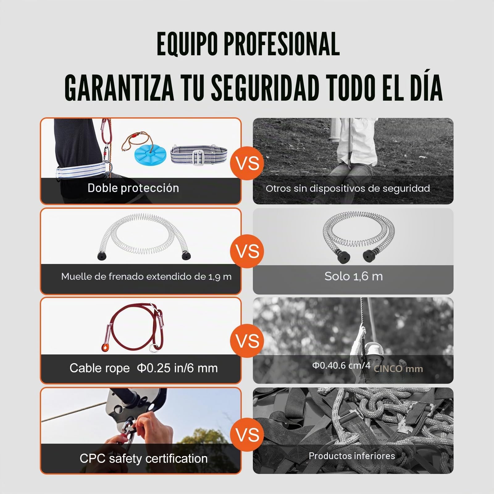 VEVOR Kit de Tirolesa de 36,6 m Carga de 150 kg, Fácil Configuración con Cinturón de Freno de Resorte y Arnés de Seguridad, para Jardín, Patio Trasero (Solo para Adolescentes, No Apto para Adultos)