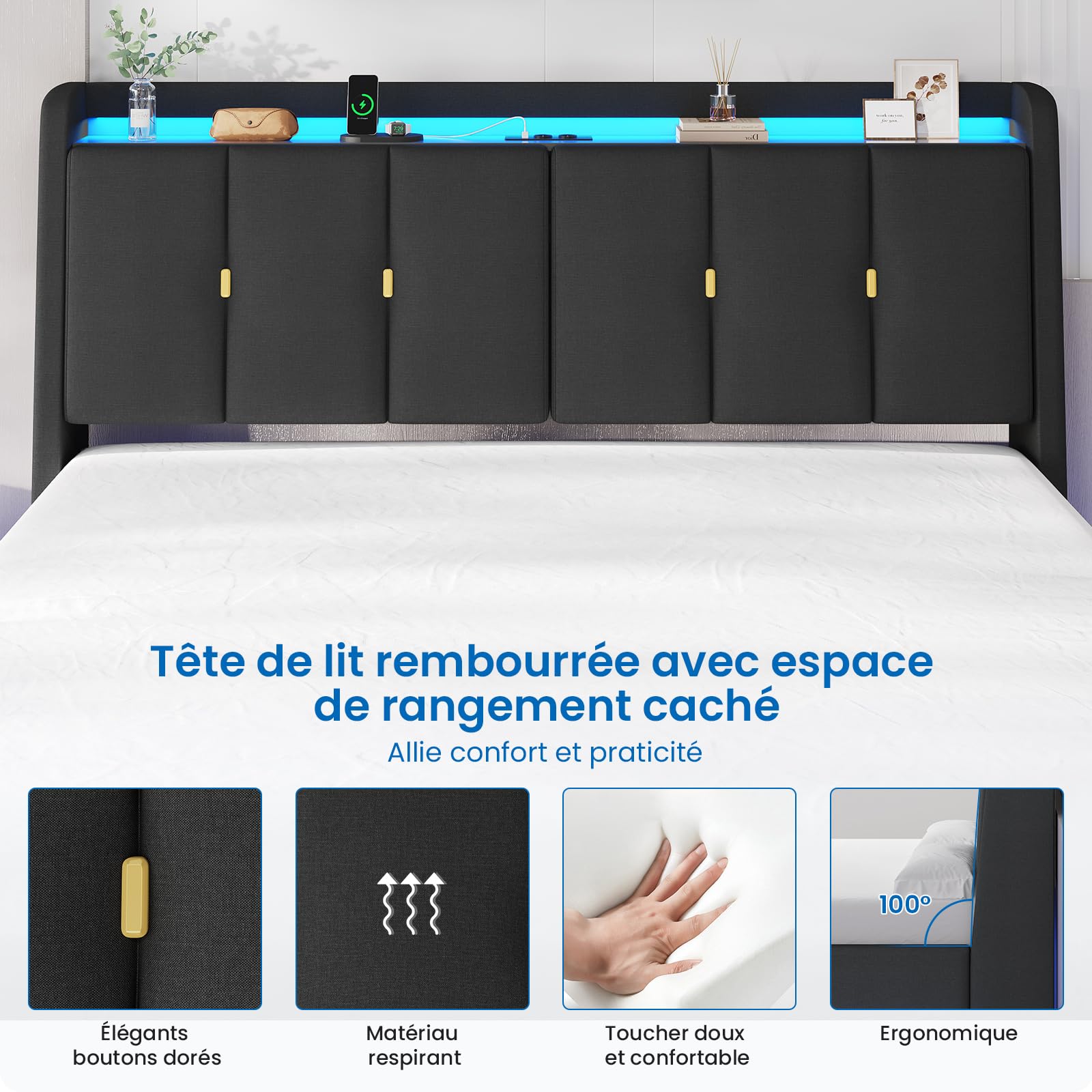 Brinlawb Lit Flottant 180x200 cm avec Dossier Confortable Incliné Rembourré et Rangement Caché, Lit 180x200 avec Sommier avec Éclairage LED et Multiprise (2 Prises AC, 1 USB-A et 1 USB-C) Lin Gris