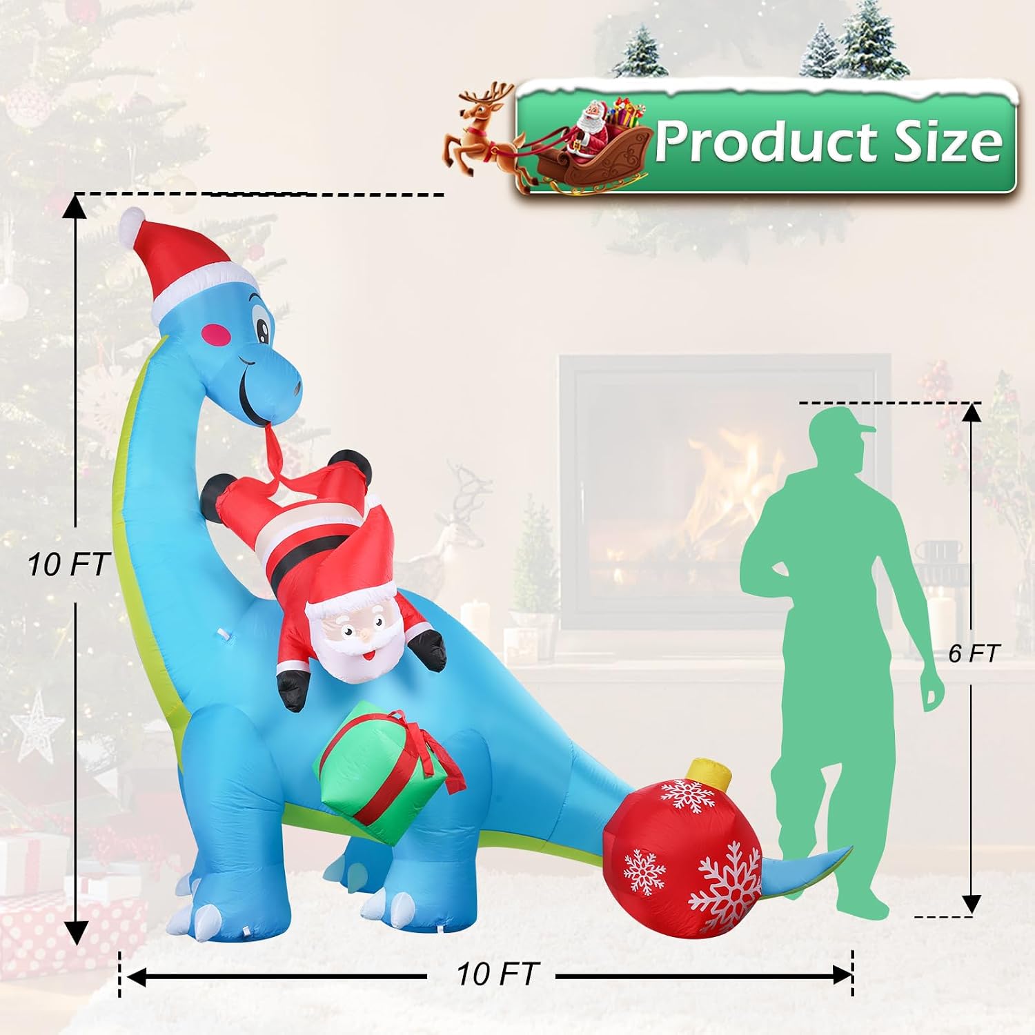 10ft Christmas Inflatables Christmas Blow Up Yard Decorations Christmas Inflatable Dinosaur Play with Santa Clause Gift Boxes LED Lighted Up Yard Lawn Garden Home Party Decor