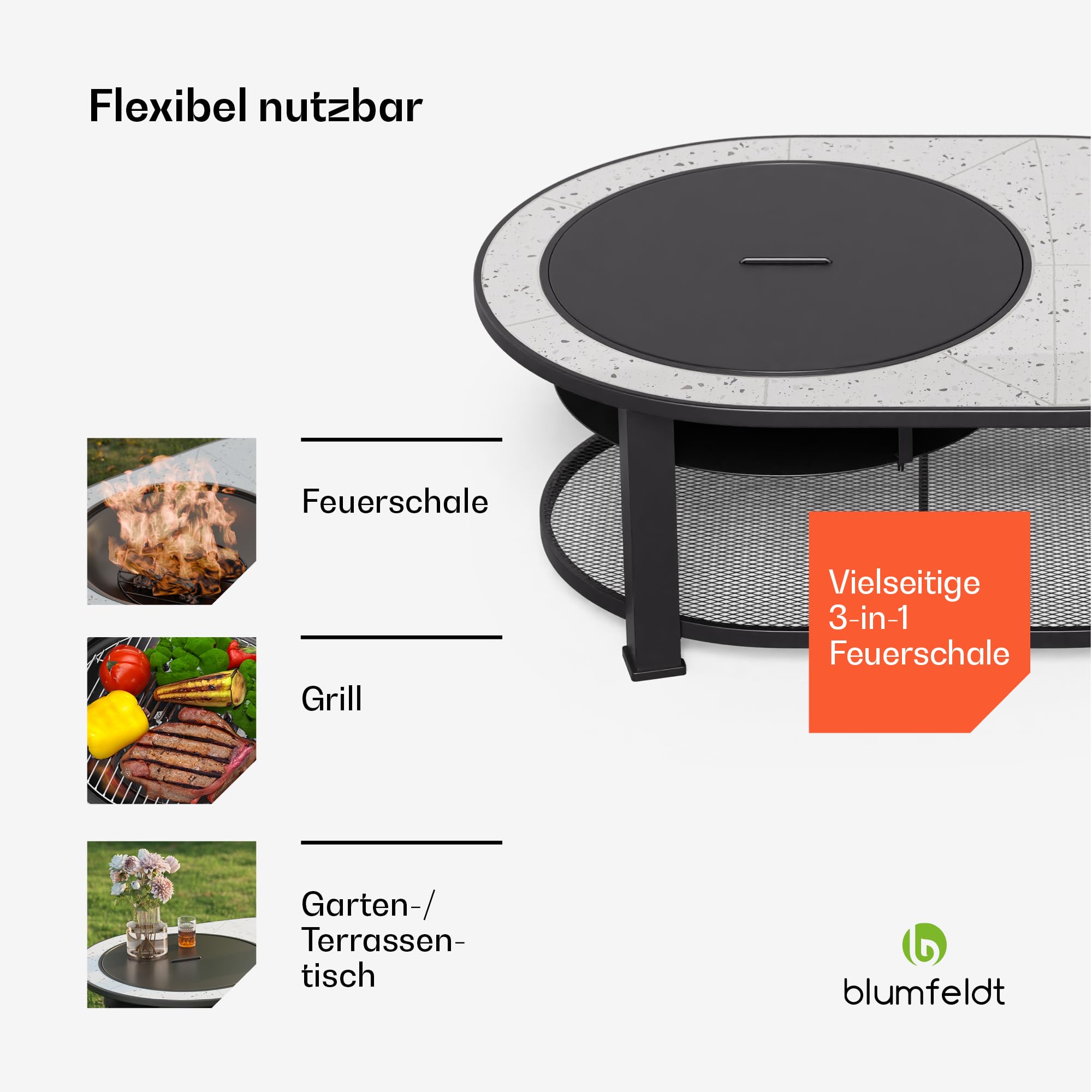Blumfeldt Merano Circolo L Feuerschale - 3-in-1 Feuerschale mit Grillrost & Tisch, robuster Stahlrahmen, Terrazzo-Tischplatte, inkl. Funkenschutz, Schürhaken & Deckel, für Garten & Terrasse
