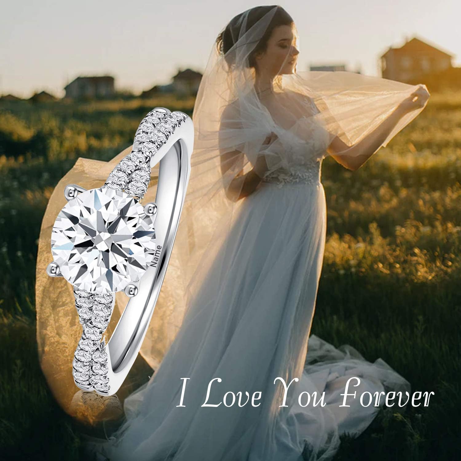 SISGEM 18K 14K 10K Real Gold Engagement Ring for Women,White Gold Split Shank Pave Set 1.5 Carat(CTW) Moissanite Wedding Ring With Engraved Name