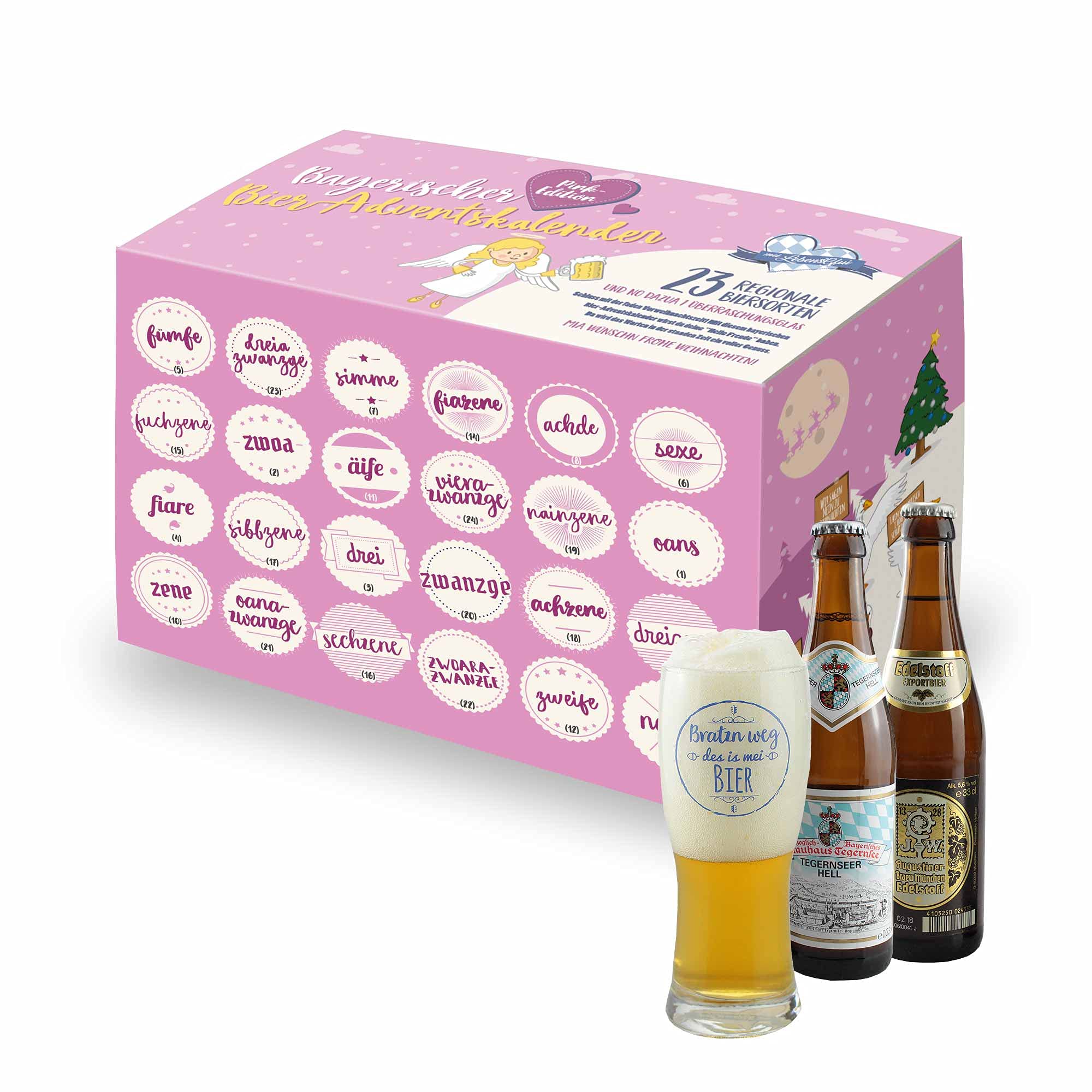 Bavariashop | Bier-Adventskalender 2025 | 23 x Bier aus Bayern inkl. Verkostungsglas | Geschenkidee für Frauen und Herren | Geschenkkarton in pink Edition