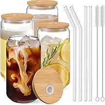 Arcooken Drinking Glasses with Bamboo Lids and Glass Straw 4pcs Set, 16oz Can Shaped Glass Cups, Beer Glasses, Iced Coffee Glasses, Cute Tumbler Cup, Ideal for Whiskey, Soda, Boba Tea, Water, Gift