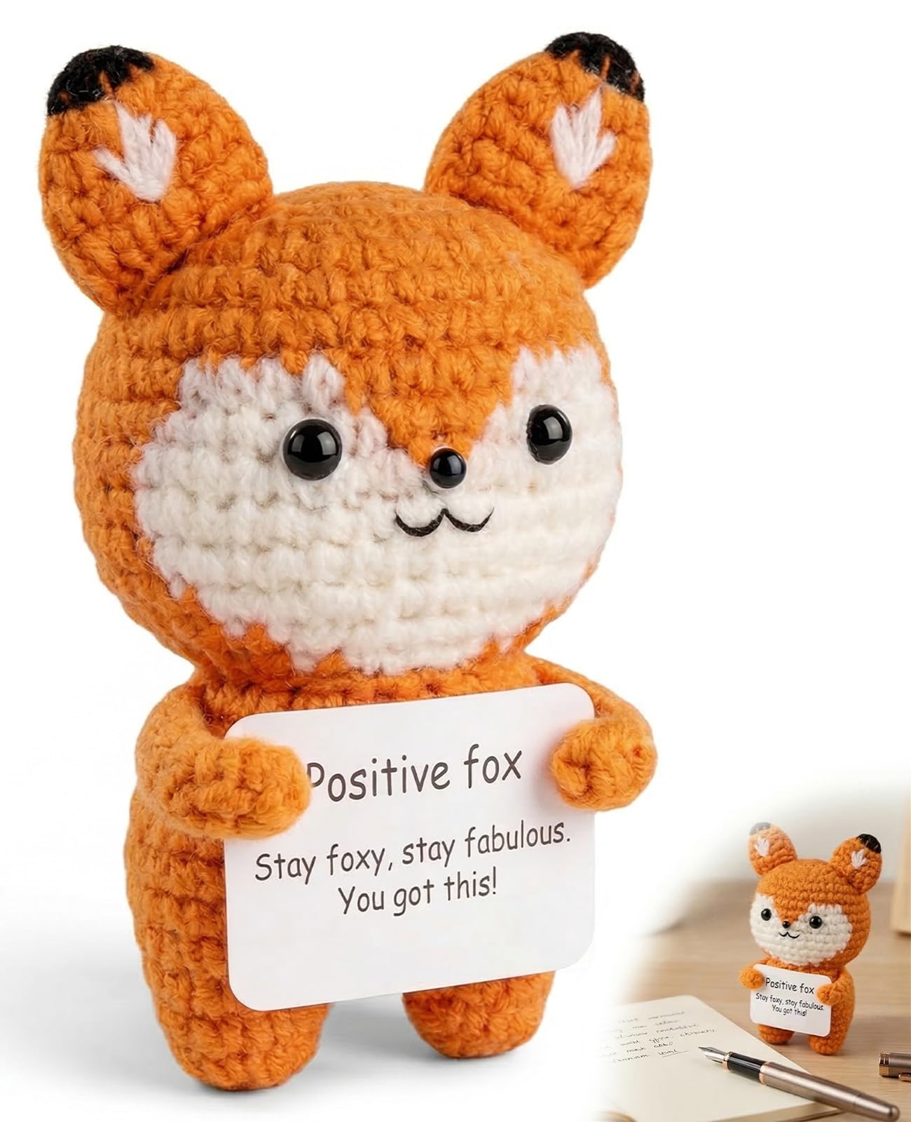 XdealCozyxc Positive Crochet Animals Fox with Motivational Card, Mini Handmade Emotional Support Fox Gifts for Women and Men