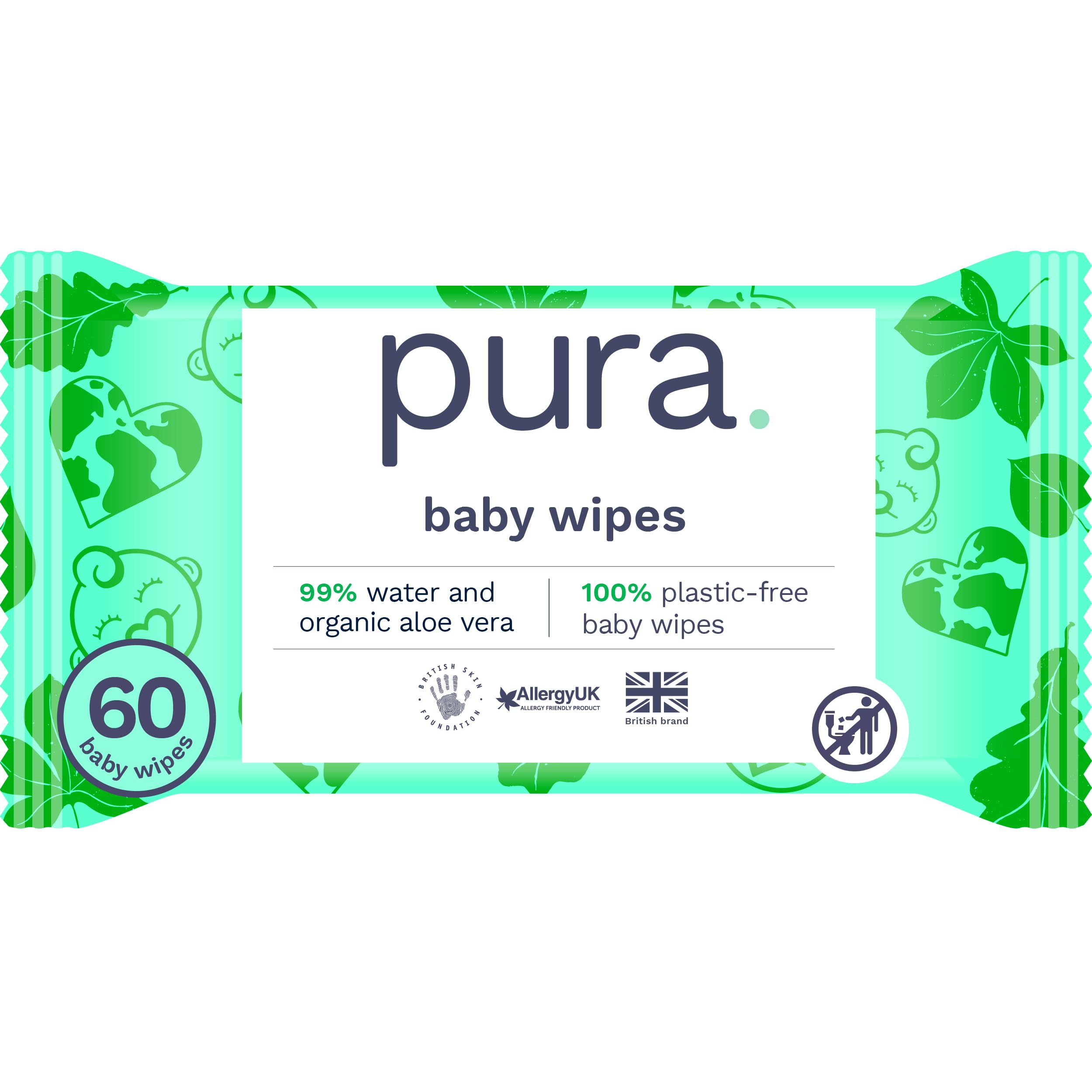 Pura Eco Friendly Baby Wipes, 99% Water, 100% Plastic Free, Biodegradable, Compostable, Vegan, Suitable for Sensitive, Eczema Prone and Newborn Skin, Vegan, 1 Pack of 60 Water Based Wet Wipes