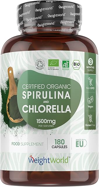 Organic Spirulina and Chlorella Capsules - 2250mg Per 3 Spirulina Chlorella Powder Capsules - 180 Vegan Superfood Powder Capsules - Soil Association Certified Alkaline Supplement - Made in The EU