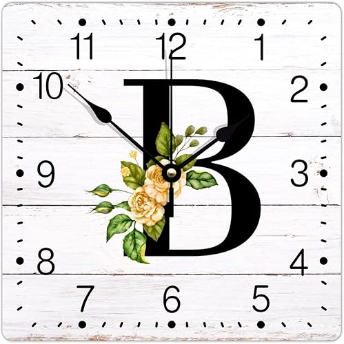 Reloj de pared de PVC, letra inicial B, monograma, girasol, mariposa, letra única, 12 pulgadas, cuadrado, silencioso, sin tictac, clásico, para