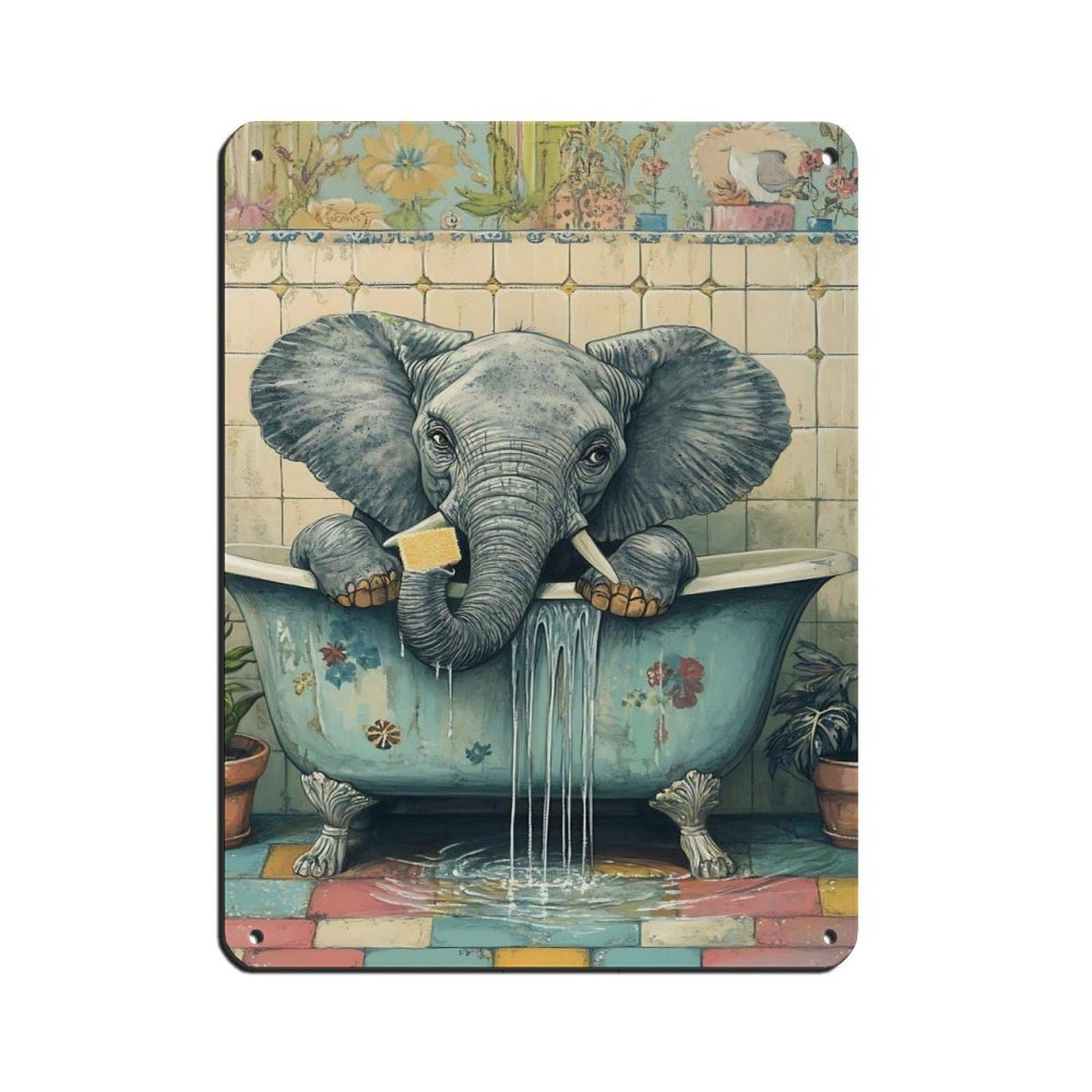 Quirky Elephant in Bathtub Tin Sign Vintage Metal Pub Club Cafe Bar Home Wall Art Decoration Poster Retro 12x16inch(30x40cm)