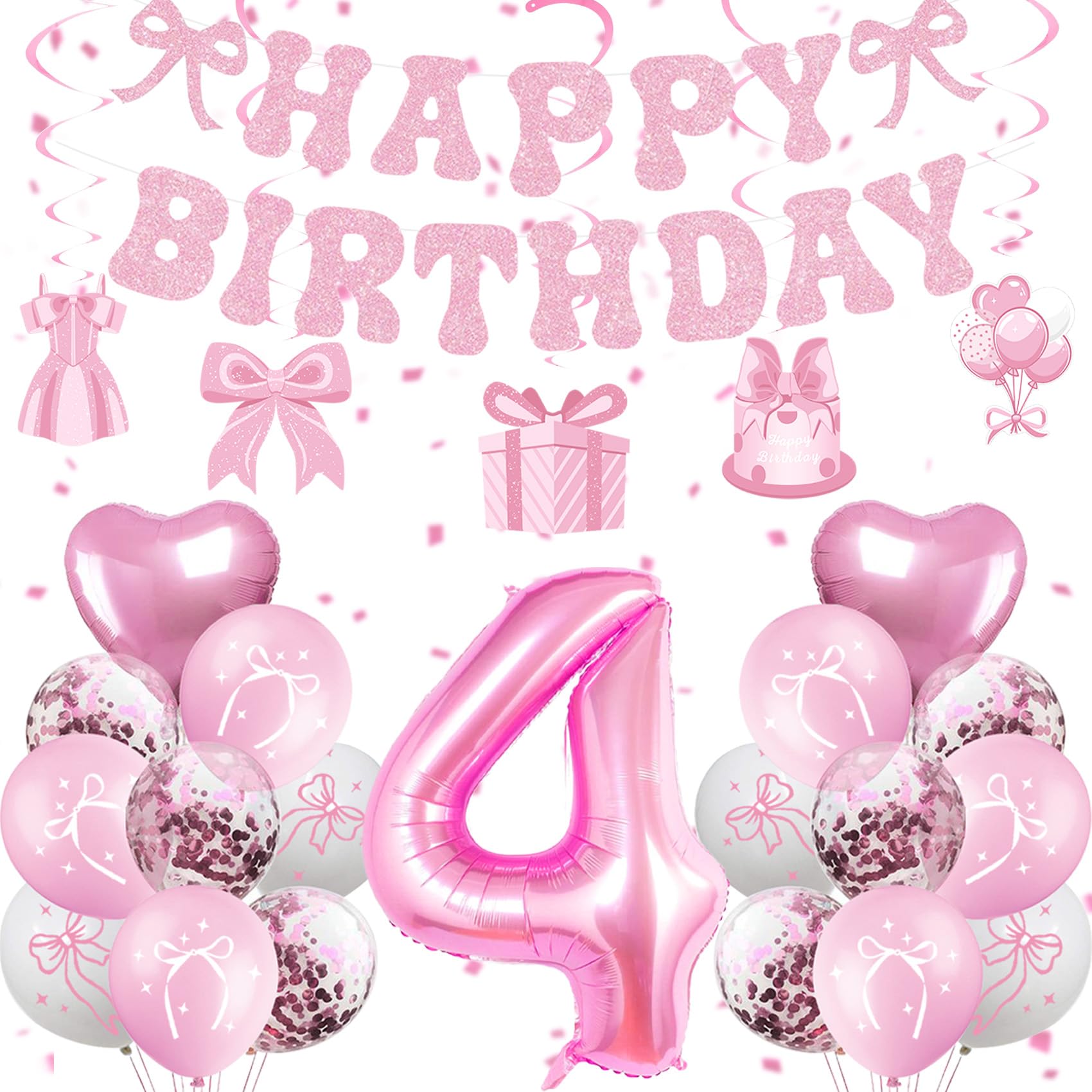 Miidenks 4th Birthday Decorations for Girls, Pink Bow Coquette 4 Birthday Balloons Set,33 Pieces, Includes Banner, Hanging Swirls, Balloons, Perfect