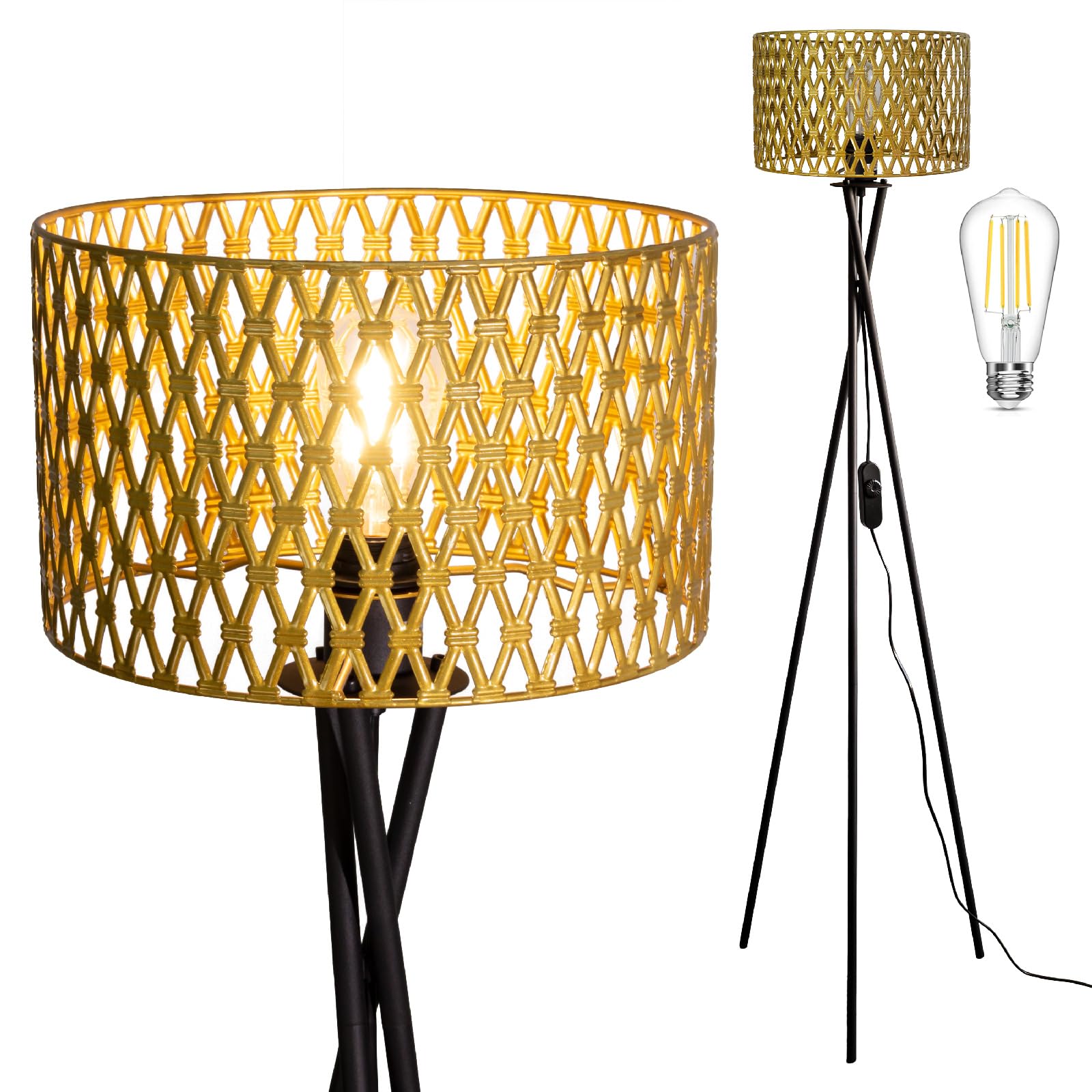 Osasy Modern Tripod Floor Lamp with Interchangeable Shades, Dimmable Standing Light, Black Metal Base