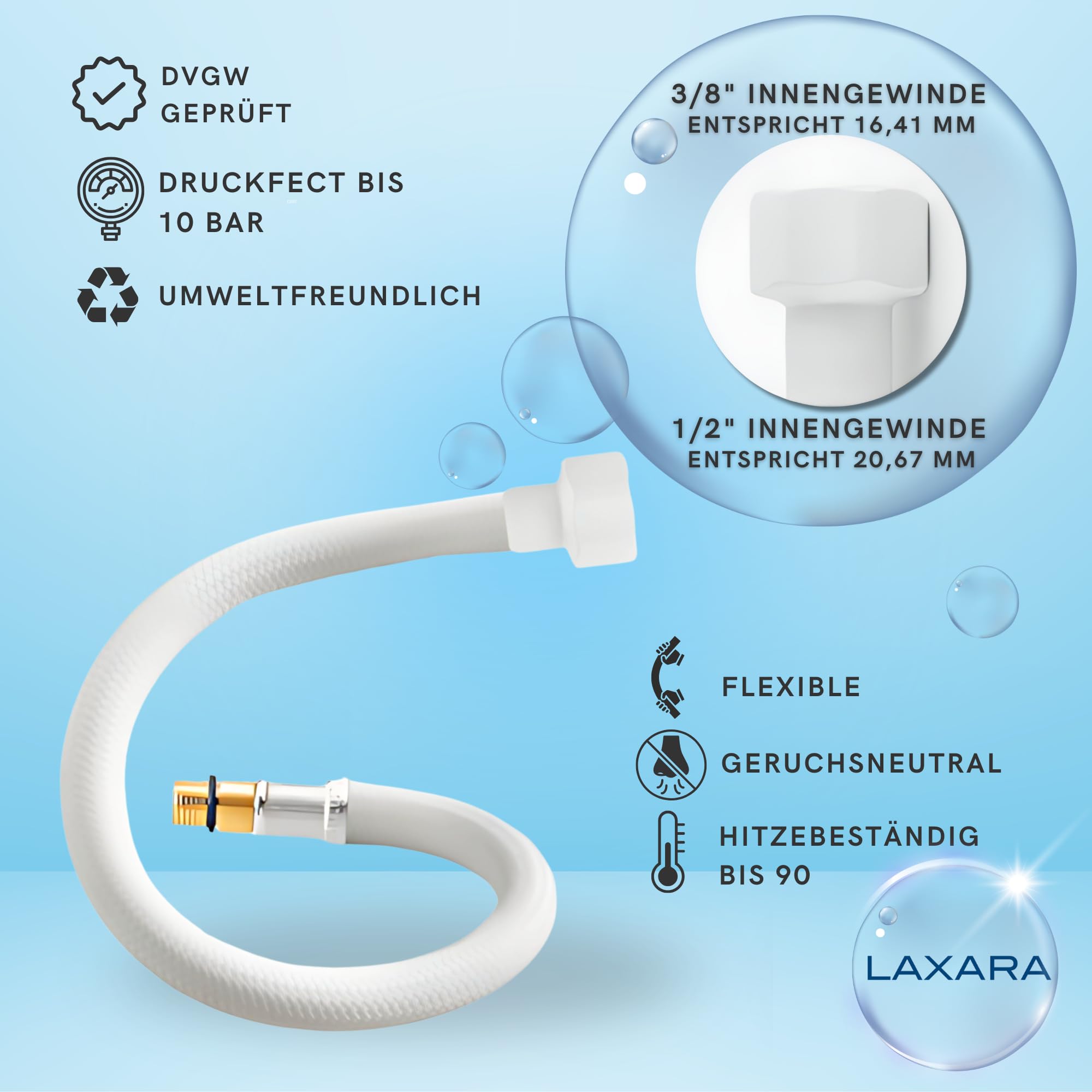 Set di collegamento Premium bianco opaco, valvola angolare 1/2" x 3/8", tubo flessibile 3/8" x M10, con nastro in teflon, certificato DVGW, per cucina, bagno e acqua potabile, per rubinetto