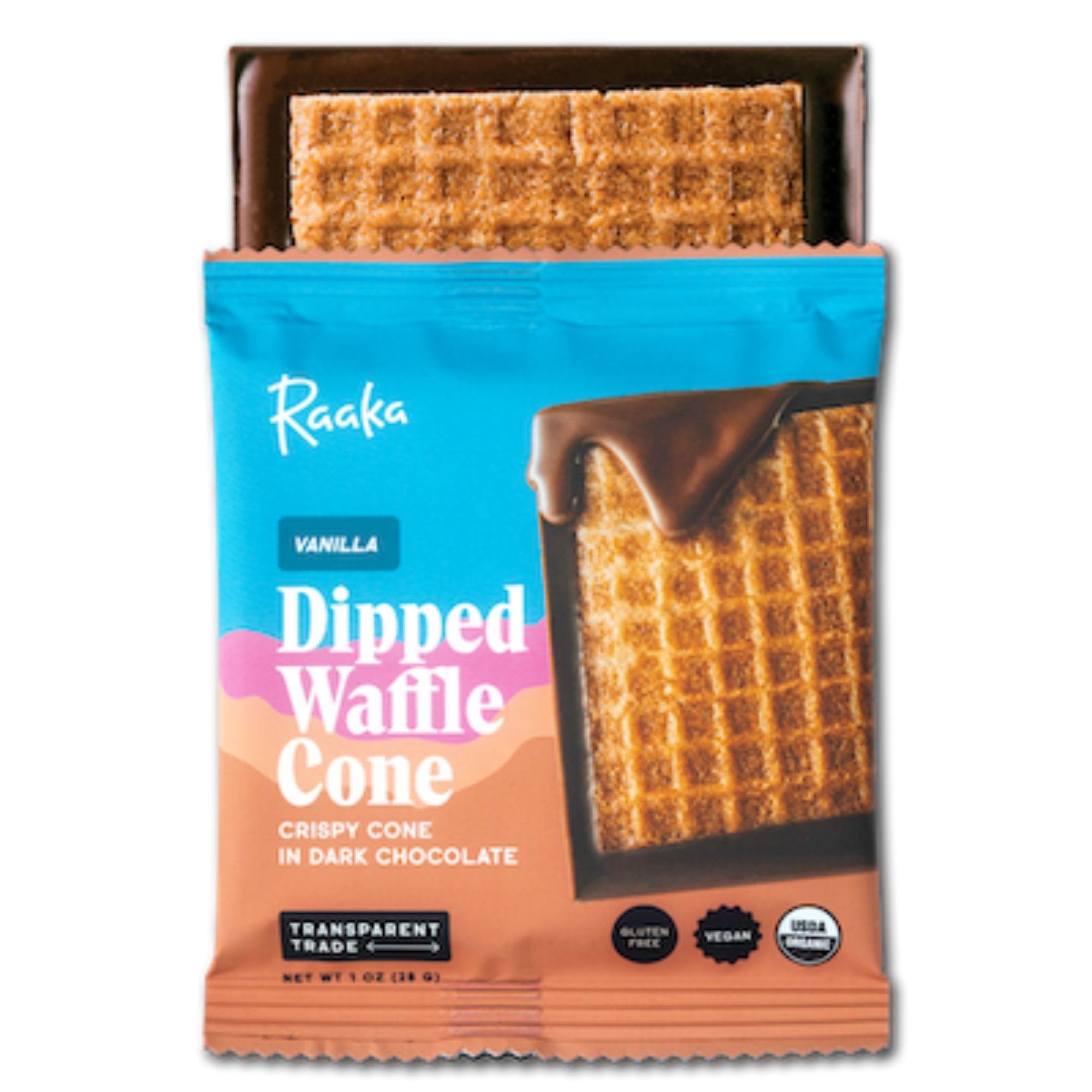 Raaka Chocolate Vanilla Waffle Cone | Waffle Cone Set in Dark Chocolate | Gourmet Bean-to-Bar Dark Chocolate | Organic, Vegan, Fair Trade, Soy Free, Non GMO, Gluten Free, Kosher| 1.0 oz Bars, 10-Pack