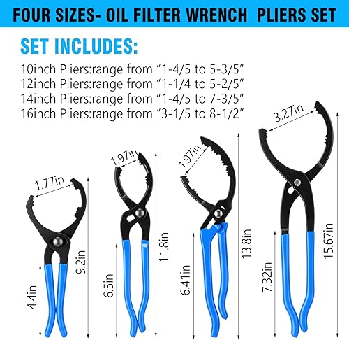 Miniatura 9 de Juego de 4 llaves de filtro de aceite, alicates de filtro de aceite de 10, 12, 14, 16 pulgadas, alicates ajustables para filtro de aceite, alicates